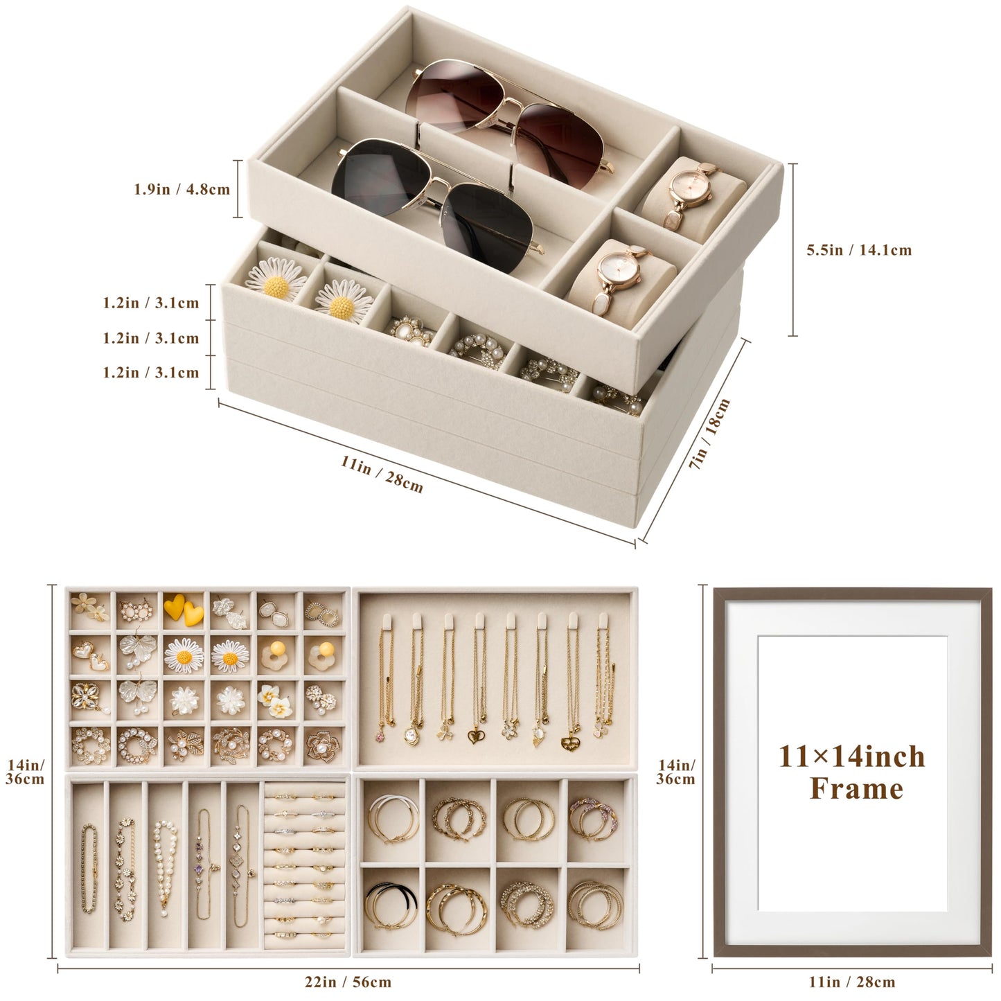 Velvet Jewelry Drawer Organizer Trays – Large Beige Stackable Jewelry Storage Inserts Set, 4-Layer Jewelry Tray Set for Earrings, Rings, Necklaces, Bracelets with Removable Dividers for Dresser,Vanity