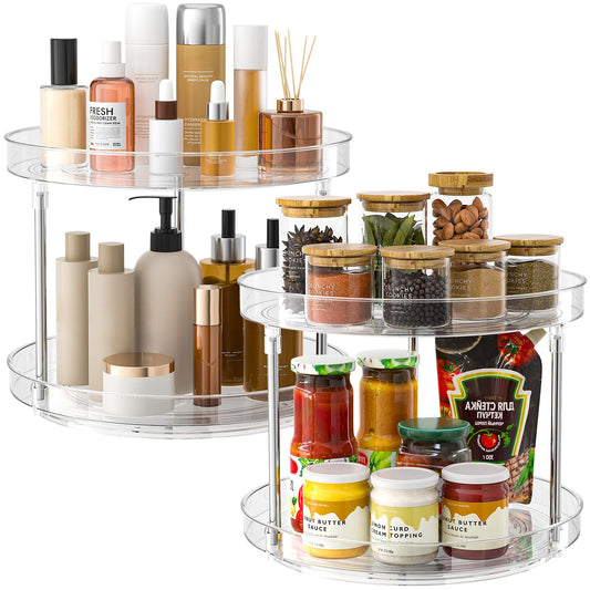 Slow Slog 2 Pack 2 Tier Lazy Susan Turntable Organizer, Clear Rotating Lazy Susan, Spice Rack for Cabinet, Makeup and Perfume Organizer for Vanity, Counter Organizer Tray for Kitchen, Bathroom