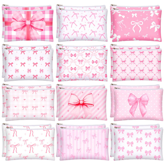 Bafeil 24 Pcs Pink Bow Makeup Bag Bulk Coquette Cosmetic Bags for Women Preppy Pouches with Zipper Travel Toiletry Bags Bow Themed Gifts Accessories for Birthday Wedding Party Favor Valentine's Day