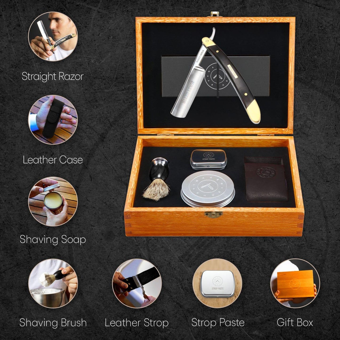 Naked Armor Straight Razor Kit – Solomon Japanese Carbon Steel Blade, Complete Straight Razor Shaving Kit for Men, Shave-Ready, Strop, Brush, Soap & Pine Gift Box Included (Black)