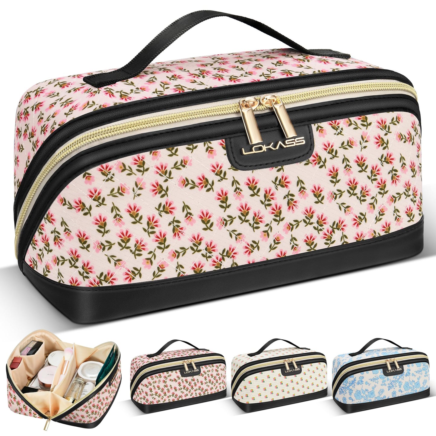 Makeup Bag Large Capacity Travel Make Up Bag, Makeup Organizer Cosmetic Bags for Women Travel Toiletry Bag for Women Skincare Bag with Handle and Divider - Red Flower