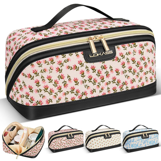Makeup Bag Large Capacity Travel Make Up Bag, Makeup Organizer Cosmetic Bags for Women Travel Toiletry Bag for Women Skincare Bag with Handle and Divider - Red Flower