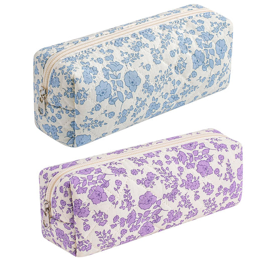 HHQQWZ Cute Floral Cotton Makeup Brush Cosmetic Bag for Women, Travel Quilted Zipper Make Up Bag, Flowers Toiletry Organizer Case Kawaii Makeup Cosmetic Travel Cloth Pouch (Blue+Big Purple Floral)
