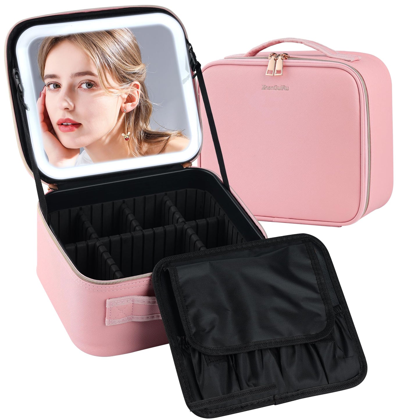 Gdsshuhung Makeup Bag with Mirror and Light, Cosmetic Travel Case with Mirror, Large Makeup Organizer with Mirror, Portable Makeup Case with Mirror for Women (Pink)