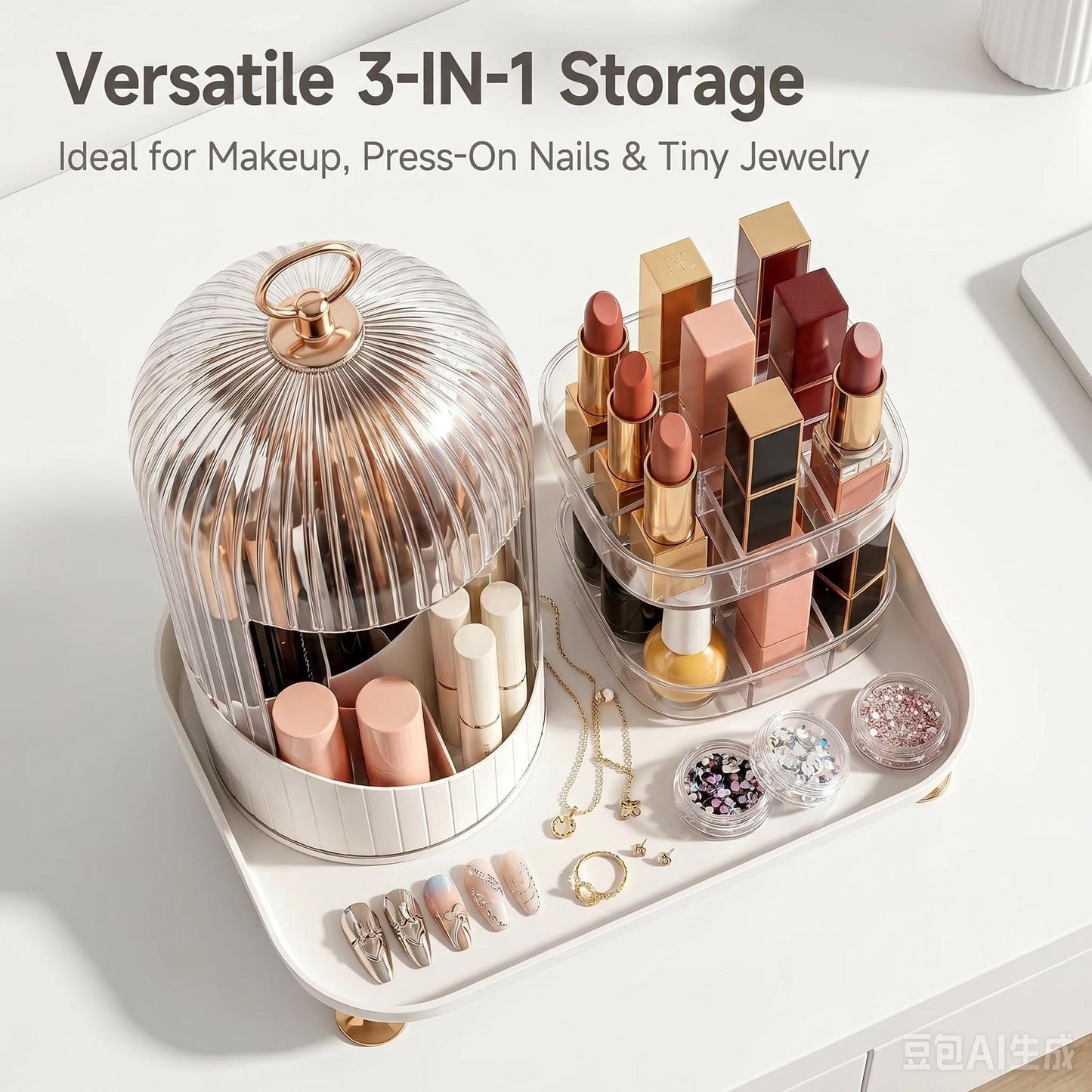 Bazhahei 3IN1 Dustproof Rotating Makeup Organizer with Birdcage Lid, 360° Spin Makeup Brush & Lipstick Storage Holder for Vanity Dresser: Ideal for Press-On Nails & Tiny Jewelry