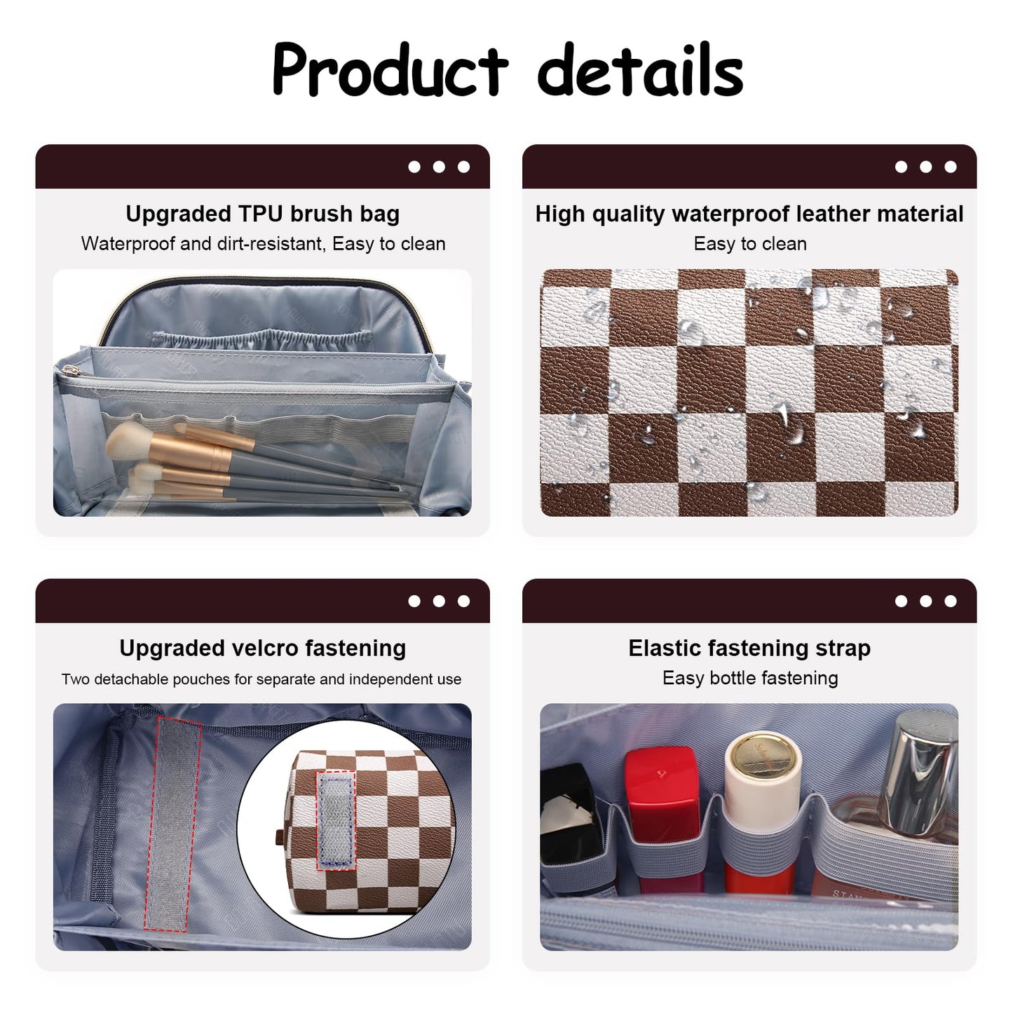 BOYATU Travel Makeup Bag Organizer Cosmetic Bag: 3 Pcs Set Make up Bags for Women with Handle - Waterproof Vegan Leather Toiletry Bag (01-G-Coffee)