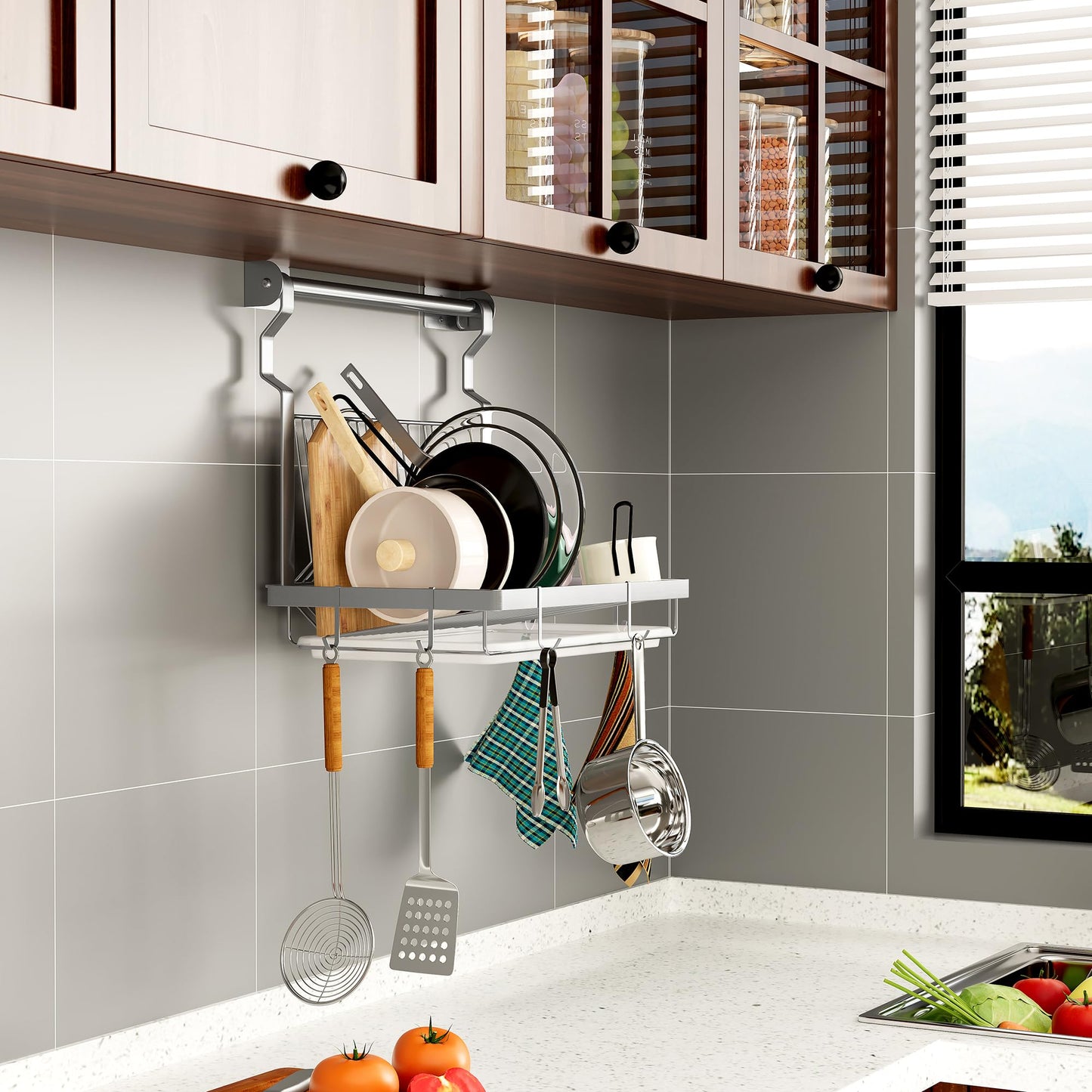 TQVAI Over Sink Dish Drainer Drying Rack, Stainless Steel Foldable Wall Mounted Dish Racks with Drainboard Hanging Rod and Sponge Holder, Silver