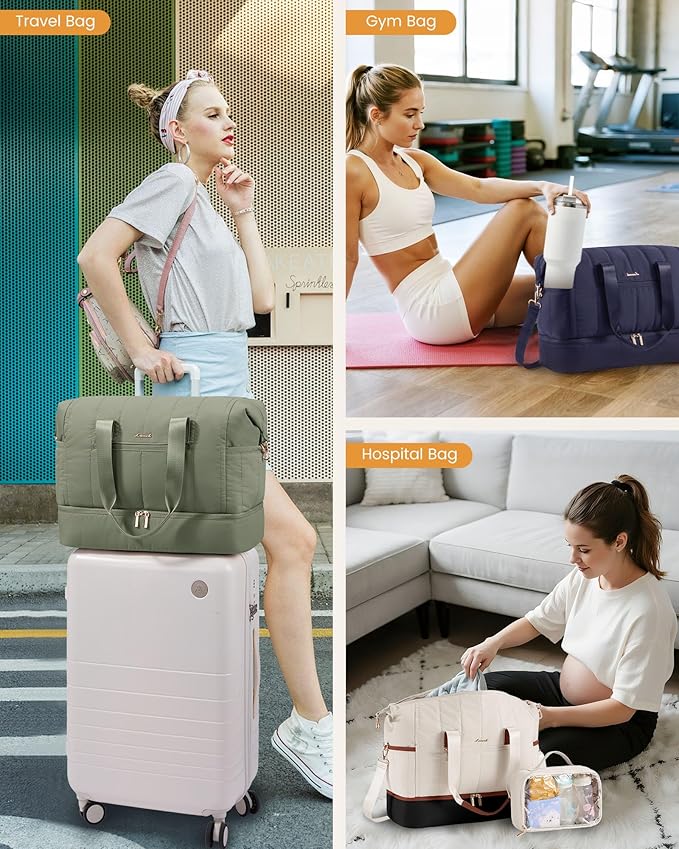 LOVEVOOK Travel Duffle Bag,Puffer Weekender Bags For Women with Shoe Compartment,42L Carry On Duffel Bags For Airplanes,Hospital Bag for Labor and Delivery,Overnight Bag2Pcs Set