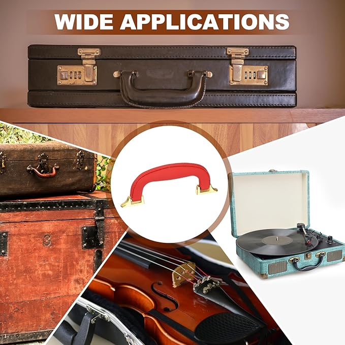 uxcell 2 Pcs PU Leather Luggage Handle, 0.9" Hole Distance Vintage U-Shape Replacement Strap Handle for Travel Handbag Guitar Musical Box Gift Boxes, Red/Gold