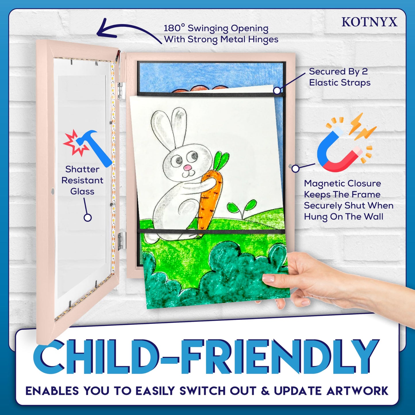 KOTNYX LED Light Kids Artwork Frame - Front Opening Kids Art Display Picture Frame, Holds 100 Pictures, MDF & Shatter-Resistant Glass, Standing Frame/Wall Hanging,13.3x10, Mat 11.6x8.3 - Peach