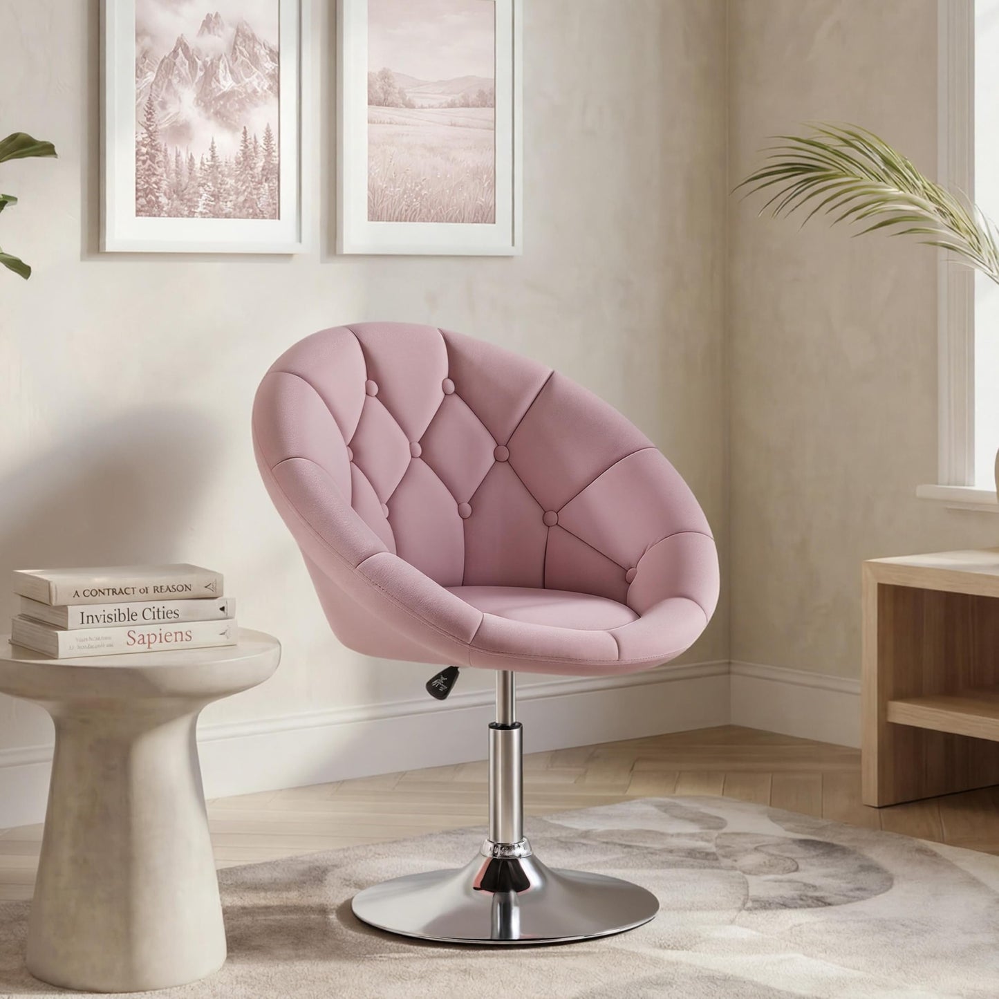 Yaheetech Pink Velvet Vanity Chair with Back, 360° Swivel & Adjustable Height, Tufted Makeup Desk Chair for Bedroom, Dressing Table & Living Room