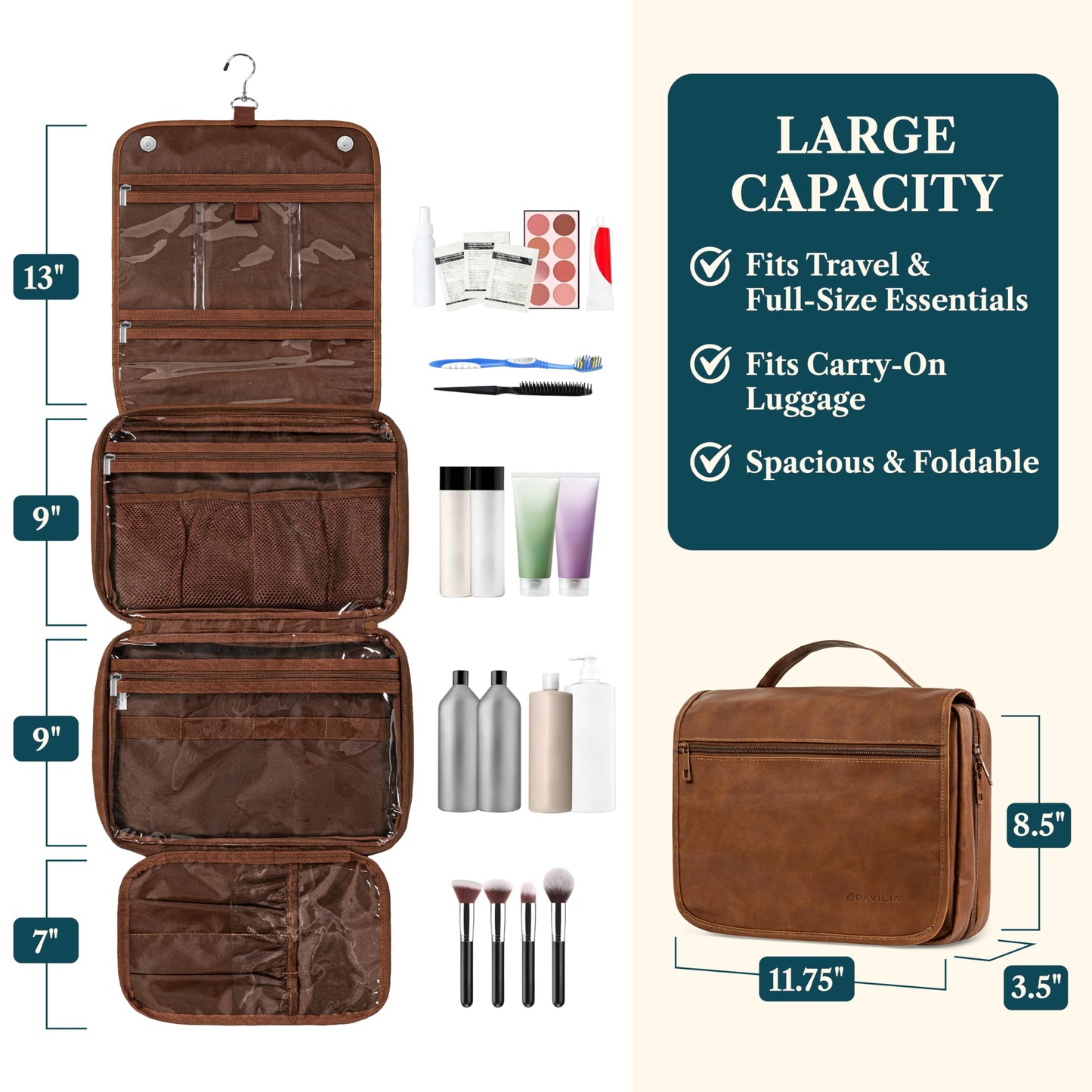PAVILIA Hanging Toiletry Bag for Women Men, Large Travel Organizer with 5 Compartments & Swivel Hook, PU Leather Dopp Kit, Foldable Water-Resistant Makeup Cosmetic Bag for Full Size Bottles (Brown)