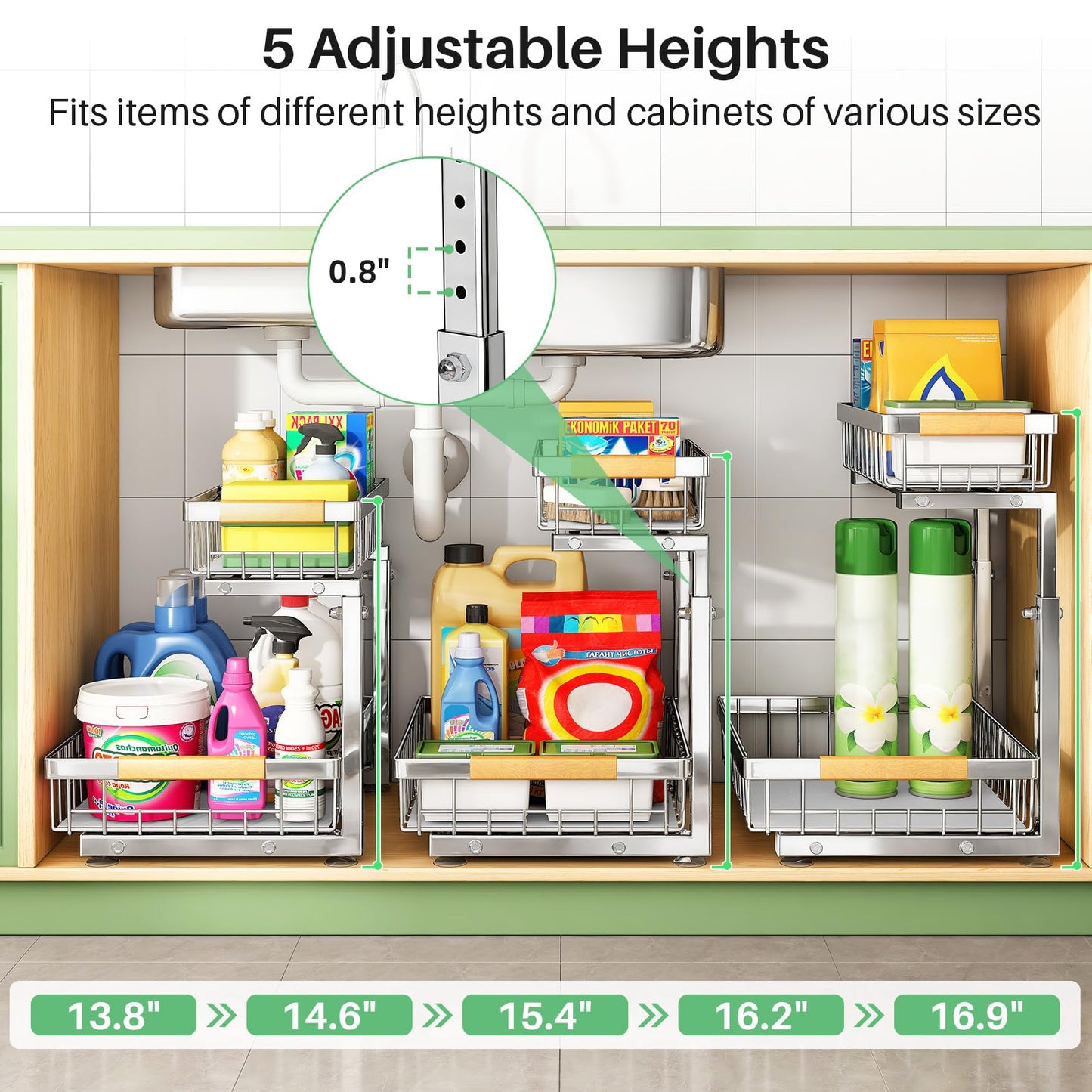 Kitstorack Under Sink Organizer, 2 Tier Under the Sink Storage, Slide out Pull out Cabinet Organizer Shelf, Metal Sliding Drawer for Kitchen Bathroom Pantry Closet Organization Rack, Silver, 1 Pack