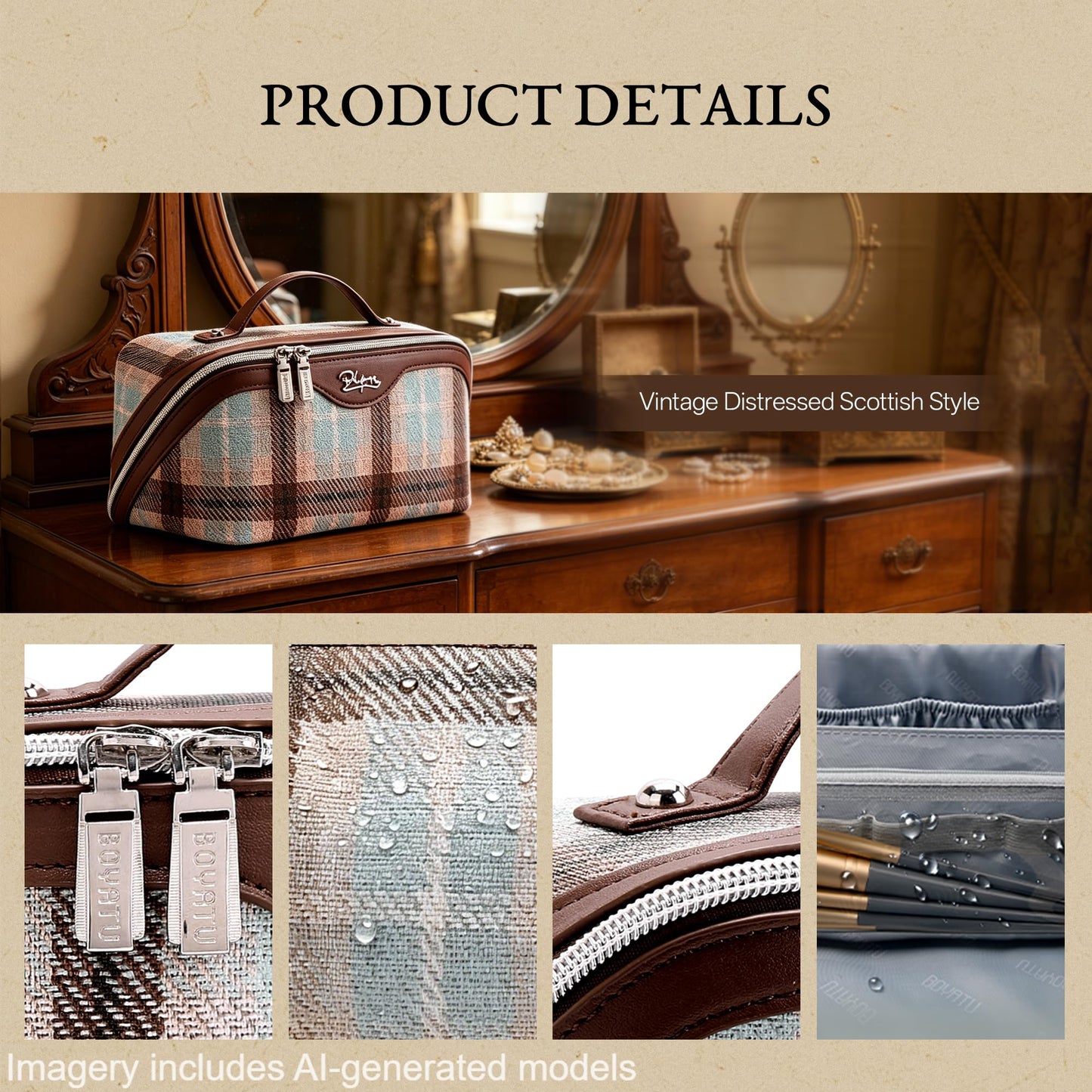 BOYATU Travel Makeup Bag for Women: Scottish Plaid 3 Pcs Set Cosmetic Organizer Bag - 180° Open Large Spacious Holds 50% More Cosmetics - Waterproof Leather Checkered Toiletry Bag (03-Beige)