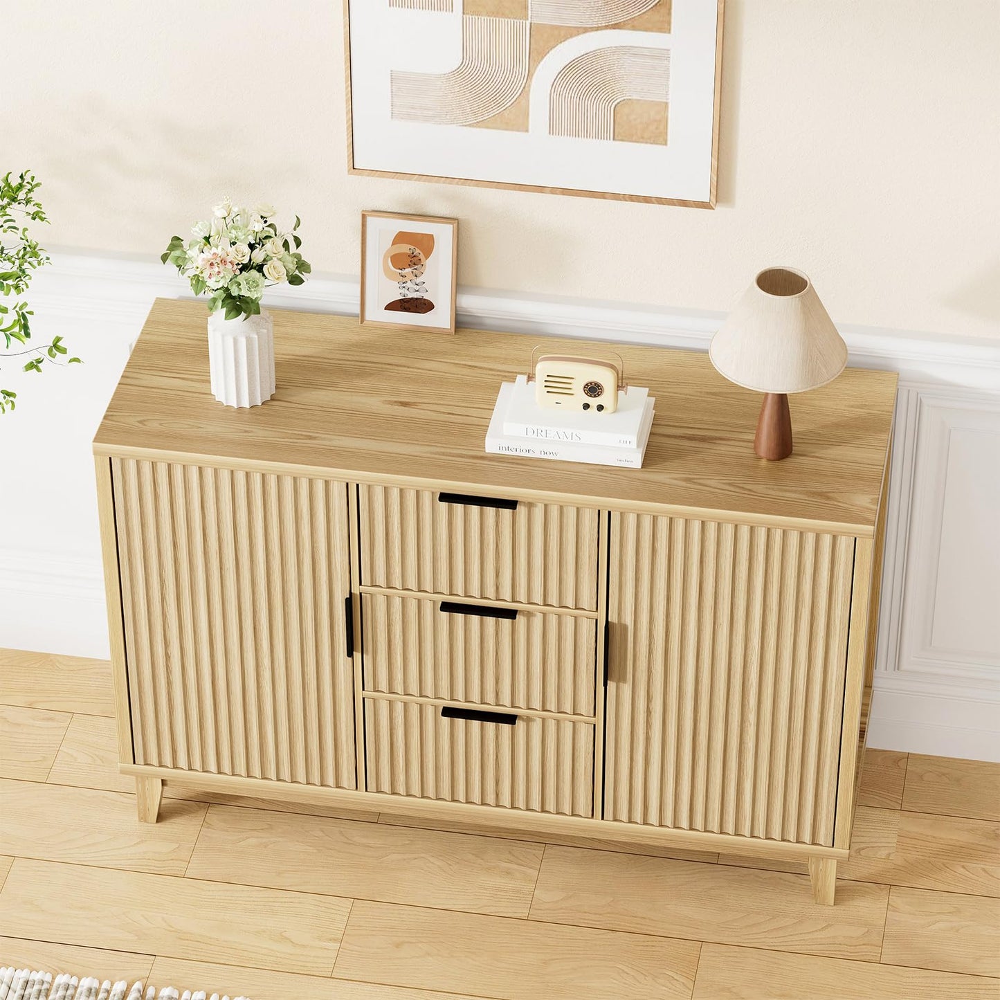 47.2" W Storage Cabinet with 3 Drawers, Fluted Buffet Cabinet with Storage, Large Sideboard Cabinet with 2 Doors, Modern Mid Century TV Stand Coffee Bar Cabinet for Living Room, Kitchen, Entryway