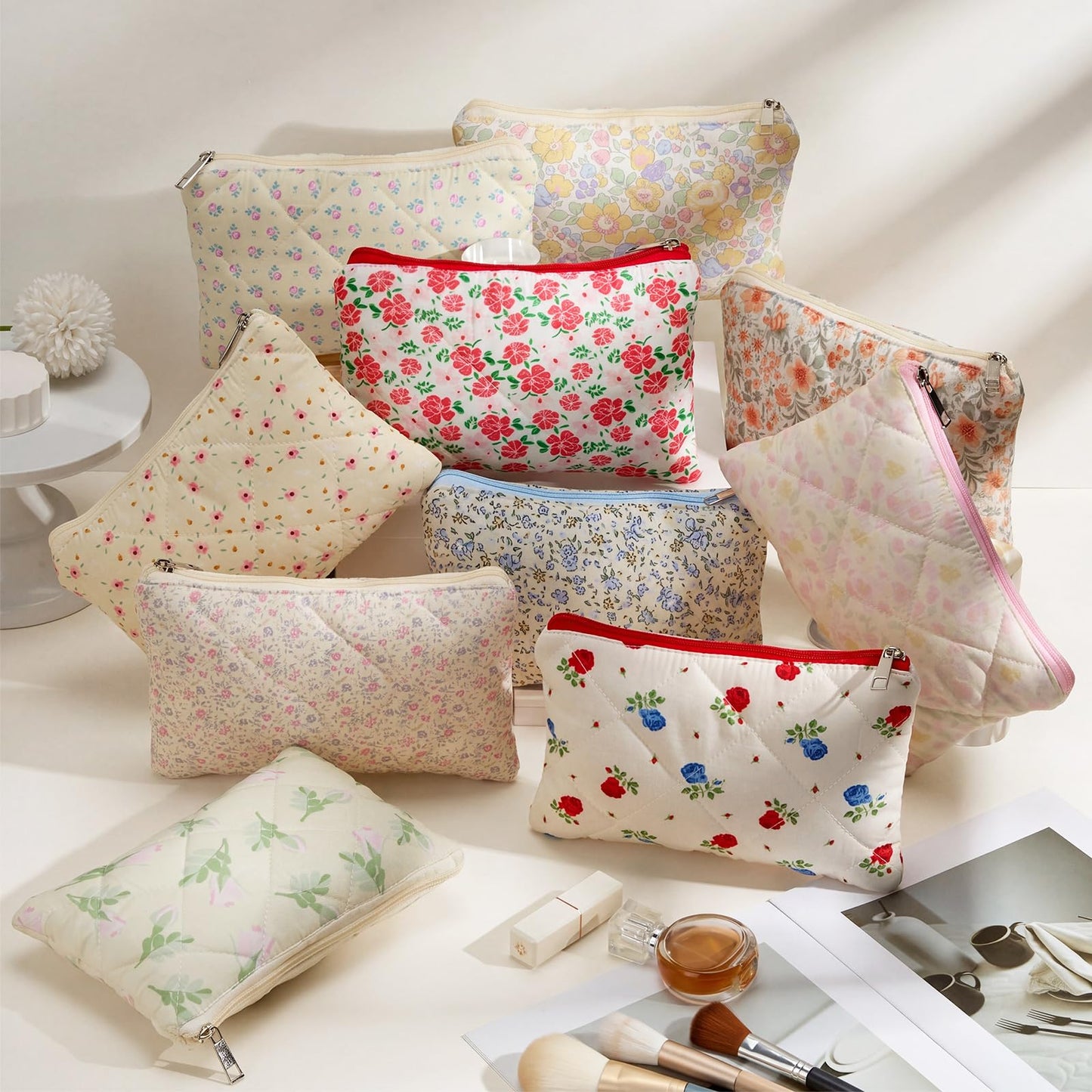 Paterr 10 Pcs Quilted Makeup Bag Bulk Cotton Floral Cosmetic Bag Women Girls Bridesmaid Gifts Cute Makeup Pouch Coquette Aesthetic Travel Toiletry Organizer(Rustic Floral,9.06 x 5.91 Inches)