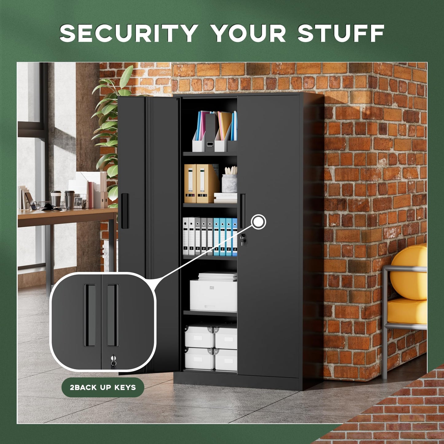 Greenvelly Metal Garage Storage Cabinet, 72” Locking Black Tool Steel Cabinet with Doors and 4 Shelves, Tall Metal Cabinets with Garage Storage Systems for Home Office, Kitchen/Pantry
