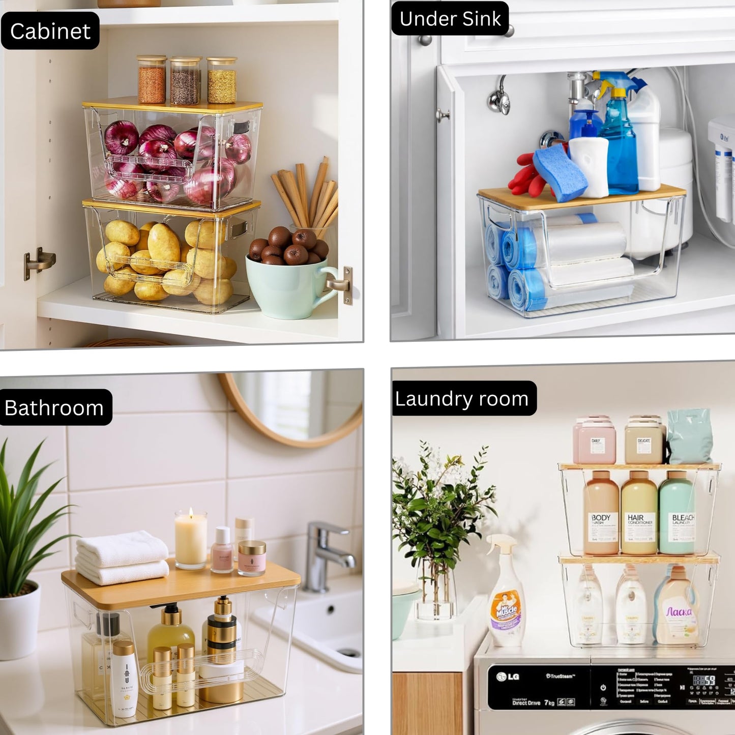 2 Set Pantry organizers and Storage,Trash Bag Holder Under sink Organizer for 4-13 Gal Bags,Trash Bag Dispenser with Bamboo Lids and Stackable Clear Bins for Potato, Onion, Garlic, Fruit, Vegetables