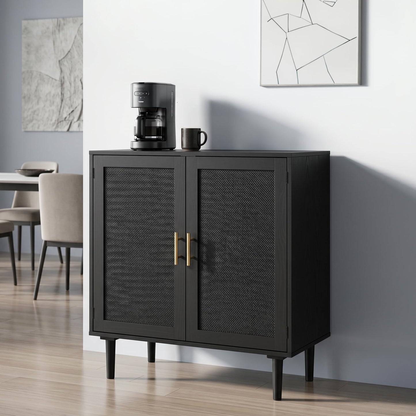 Finnhomy Sideboard Buffet Kitchen Storage Cabinet with Black Painted Rattan Decorated Doors, Dining Room, Hallway, Cupboard Console Table, Liquor/Accent Cabinet, 31.5X 15.8X 34.6 Inches, Black