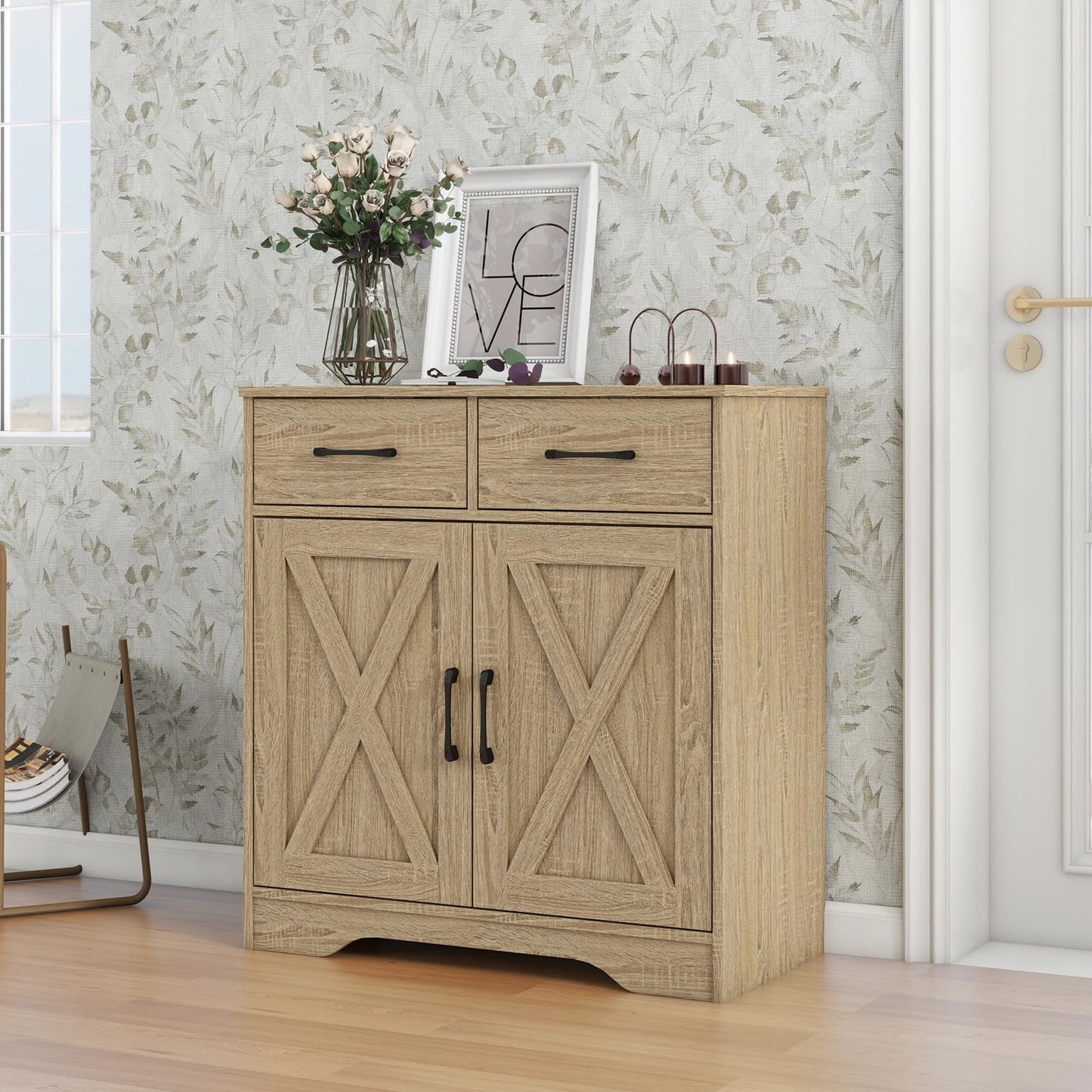 Panana Sideboard 2 Drawers 2 Doors Entryway Storage Cabinet Living Room Organizer Farmhouse Style Wooden Kitchen Cupboard (Nature)