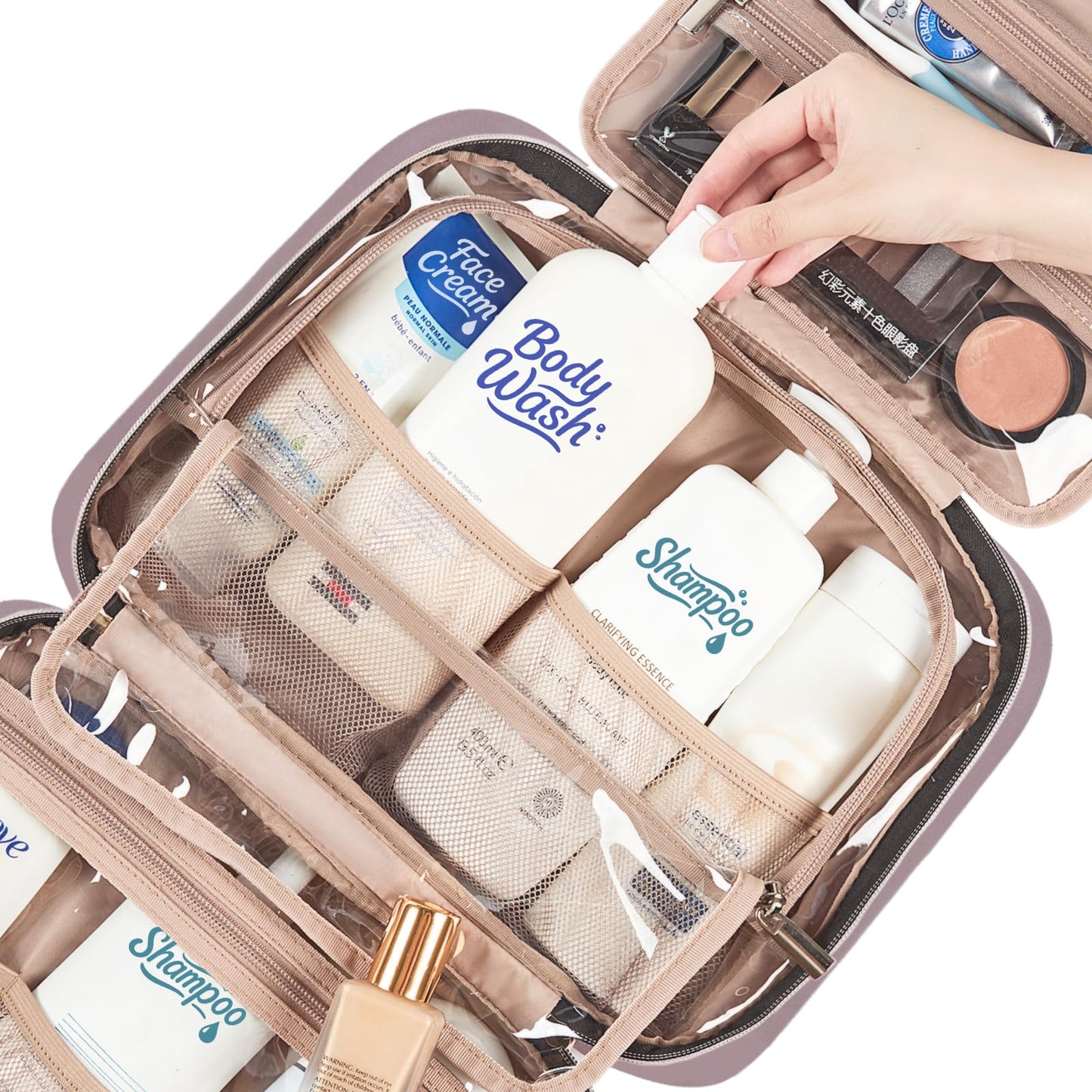 NISHEL Travel Toiletry Bag for women, Portable Hanging Organizer for Full-Sized Shampoo, Conditioner, Brushes Set, Makeup Accessories, Large Size, Peach Pink