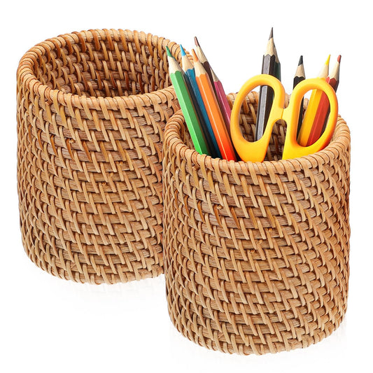 SEWACC 2pcs Rattan Pencil Holder, Handmade Wicker Pen Cups, Boho Pencil Organizer, Makeup Brush Storage for Desktop, Home Office Use