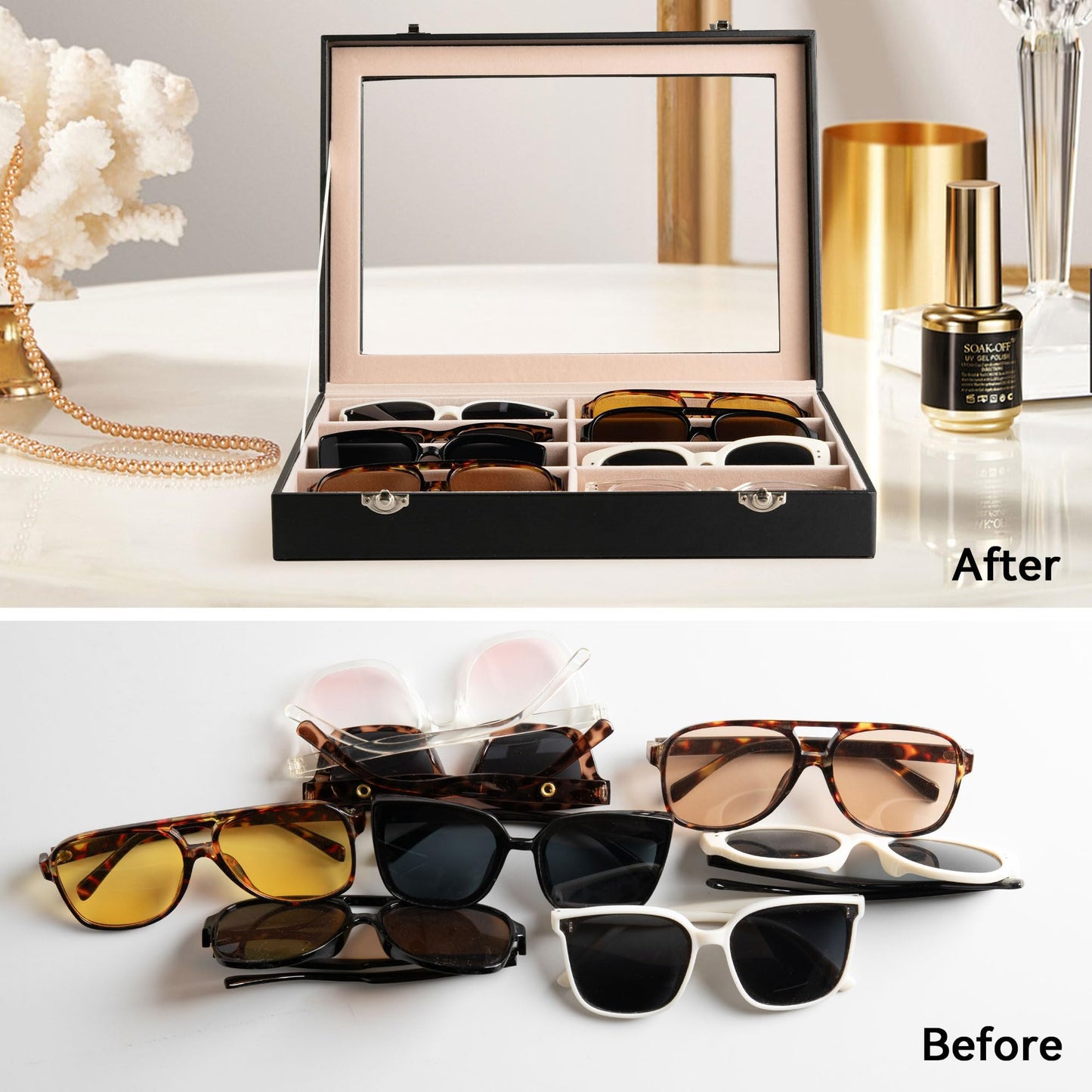 Frebeauty Sunglass Organizer,PU Leather Glasses Organizer,8-Slot Sunglasses Tray with Clear Lid,Men's/Women's Sunglasses Box,Sunglass Case,13.3x9.6x2.4 Inches,Eyeglass/Eyewear Display Tray(Black)