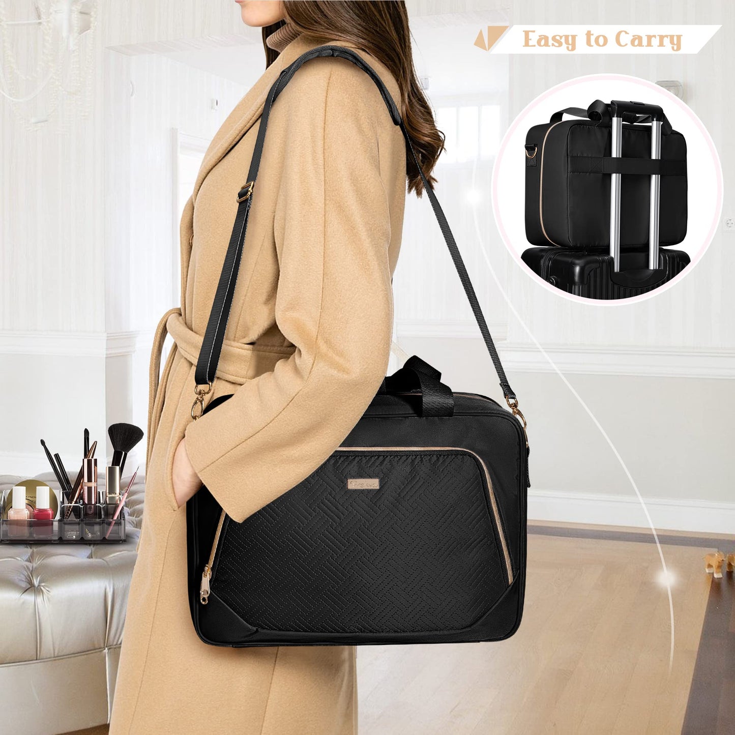 Prokva Professional Makeup Artist Travel Case with 4 Detachable Cosmetic Bags, Large Make up Organizer Bag with Makeup Kit Storage Section and Hair Tools Pocket, Black (Empty Bag Only)
