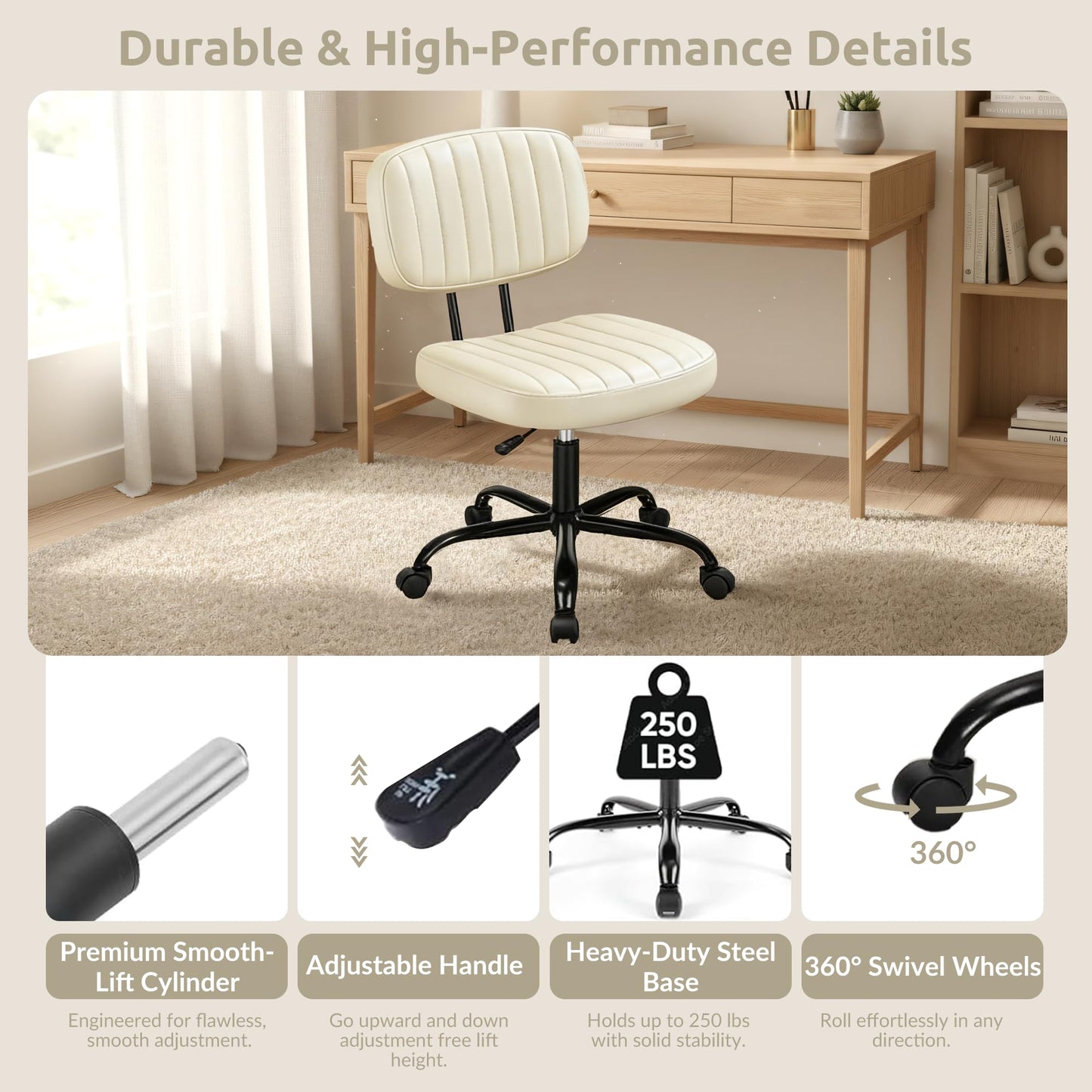 Swivel Rolling Office Chair, Armless Pu Leather Vanity Chair with Back Lumbar Support Height Adjustable Computer Chair, Small Desk Chair for Home Office, Beige White