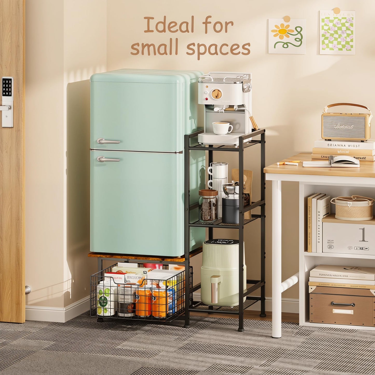 Yuyetuyo Mini Fridge Stand with Storage, Coffee Bar with Mini Fridge Space, Small Refrigerator Stand, Wine Cabinet, Kitchen Storage with Basket for Dorm, Apartment, Living Room, Office