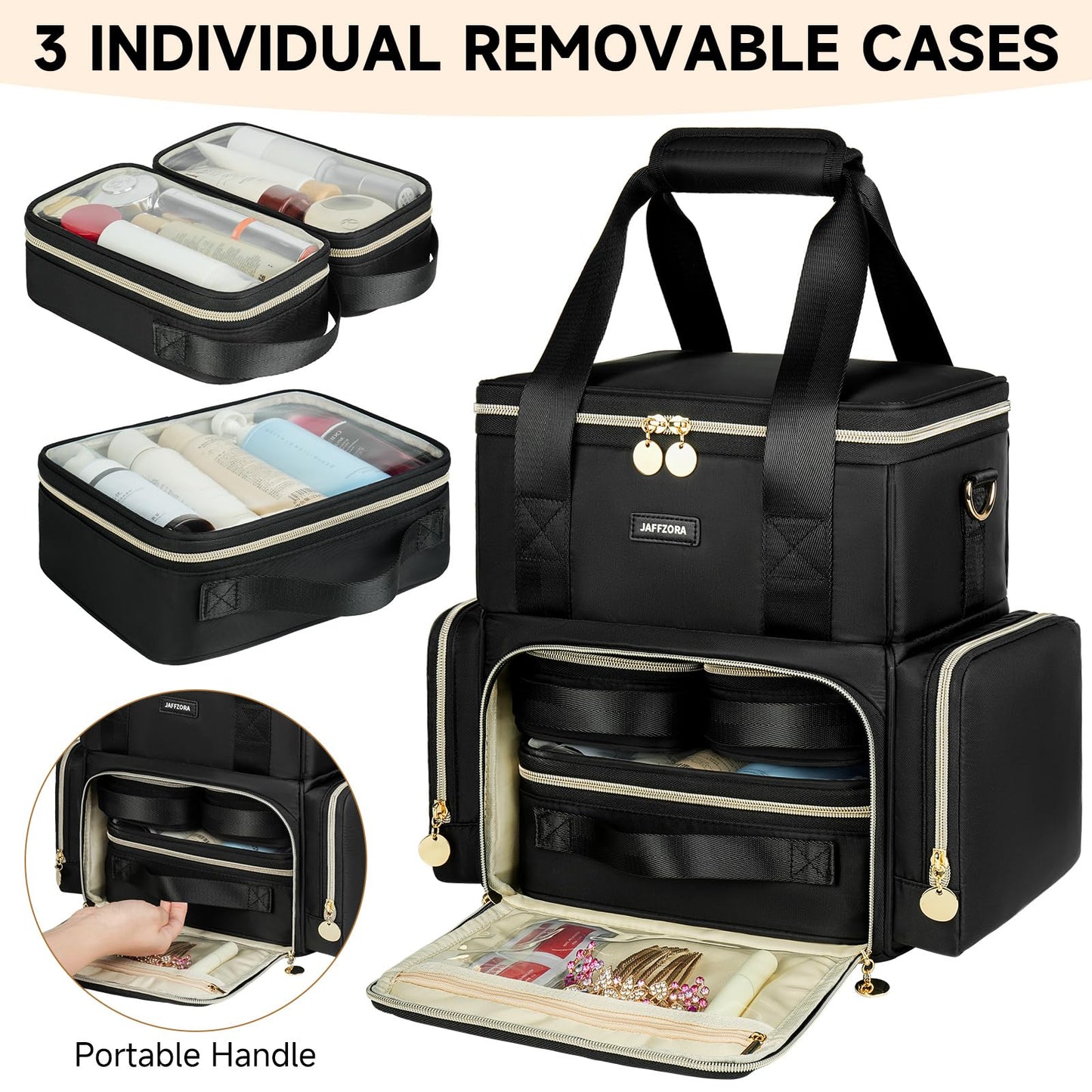Jaffzora Extra Large Makeup Bag with 3 Removable Cases, Double Layers Travel Cosmetic Storage Organizer Bag with Detachable Dividers, Black