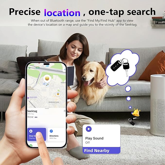 Air Tracker Tags-4 Pack Seektags [2025 Dual-System Compatible] for Apple Find My & Android Find Hub, 400 Days Battery with CR2032, 100dB Alarm, Compatible with iOS & Android for Keys Wallet Luggage