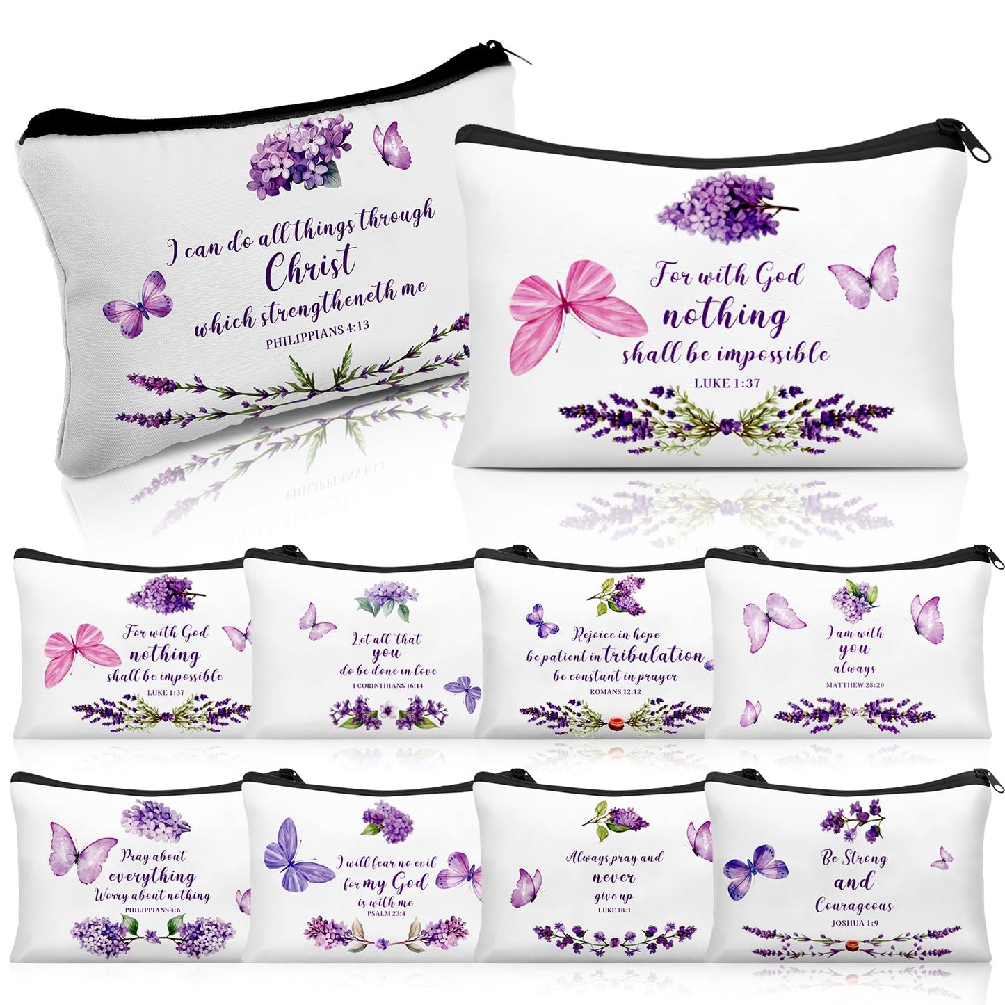 Shinylin 10 Pcs Christian Bible Verse Canvas Makeup Bags Bulk Gifts for Church Woman Christian Cosmetic Pouches with Zipper Religious Faith Gifts Bags Bulk for Women Mom Group