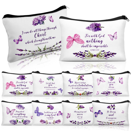 Shinylin 10 Pcs Christian Bible Verse Canvas Makeup Bags Bulk Gifts for Church Woman Christian Cosmetic Pouches with Zipper Religious Faith Gifts Bags Bulk for Women Mom Group