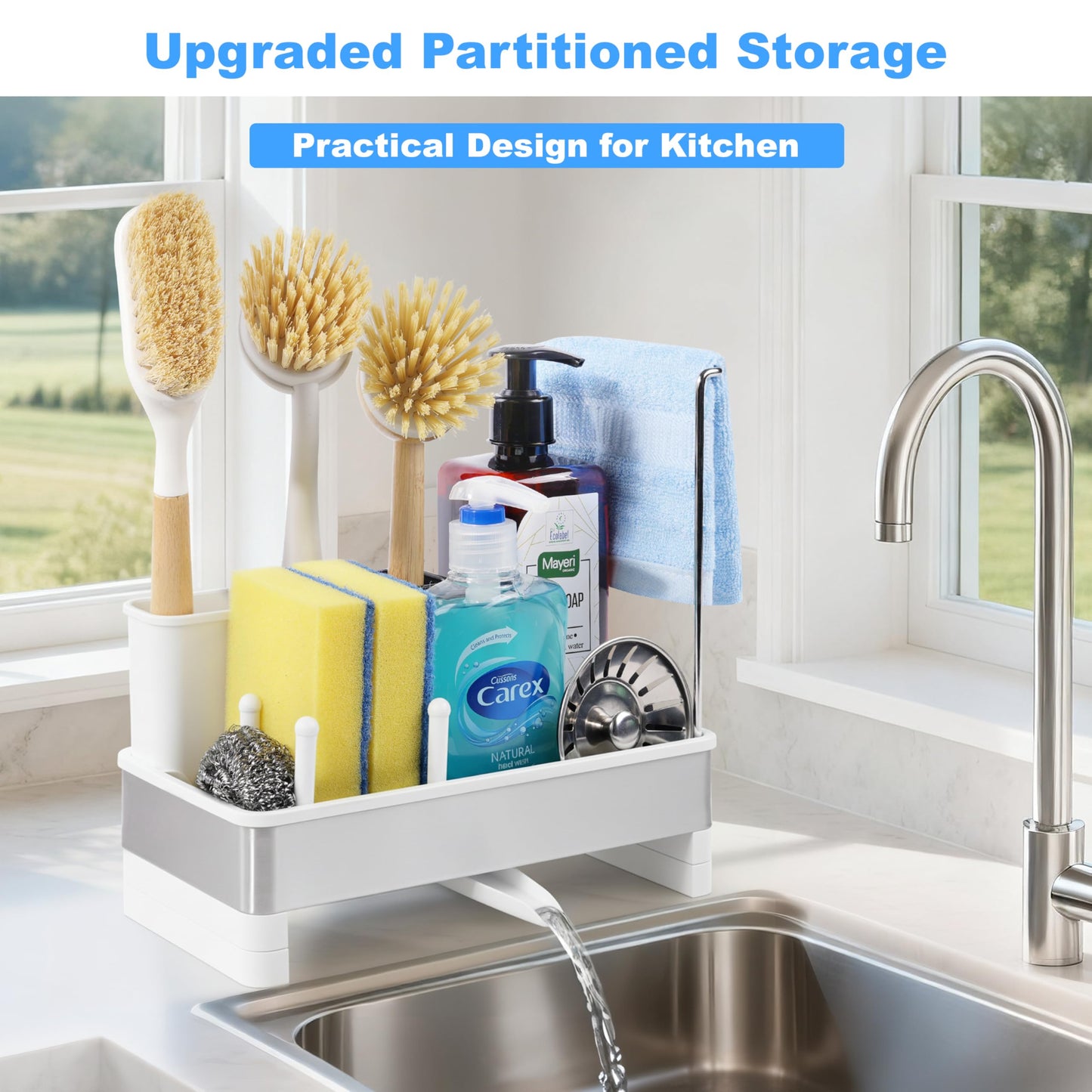 Ouletoy Kitchen Sink Caddy Organizer, Stainless Steel Sponge Holder, Kitchen Caddy Sink Organizer with Dish Brush Holder and Dishcloth Rack, Rustproof Dish Sponge Drying Rack for Countertop Storage