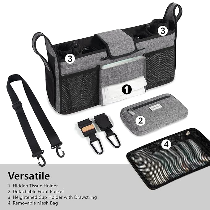 TOPDesign Universal Baby Stroller Organizer, Double Stroller Caddy with Detachable Mesh Bag & Heightened Insulated Cup Holders & Non-Slip Secure Hooks Accessories, Fits Most Strollers (Checkerboard)