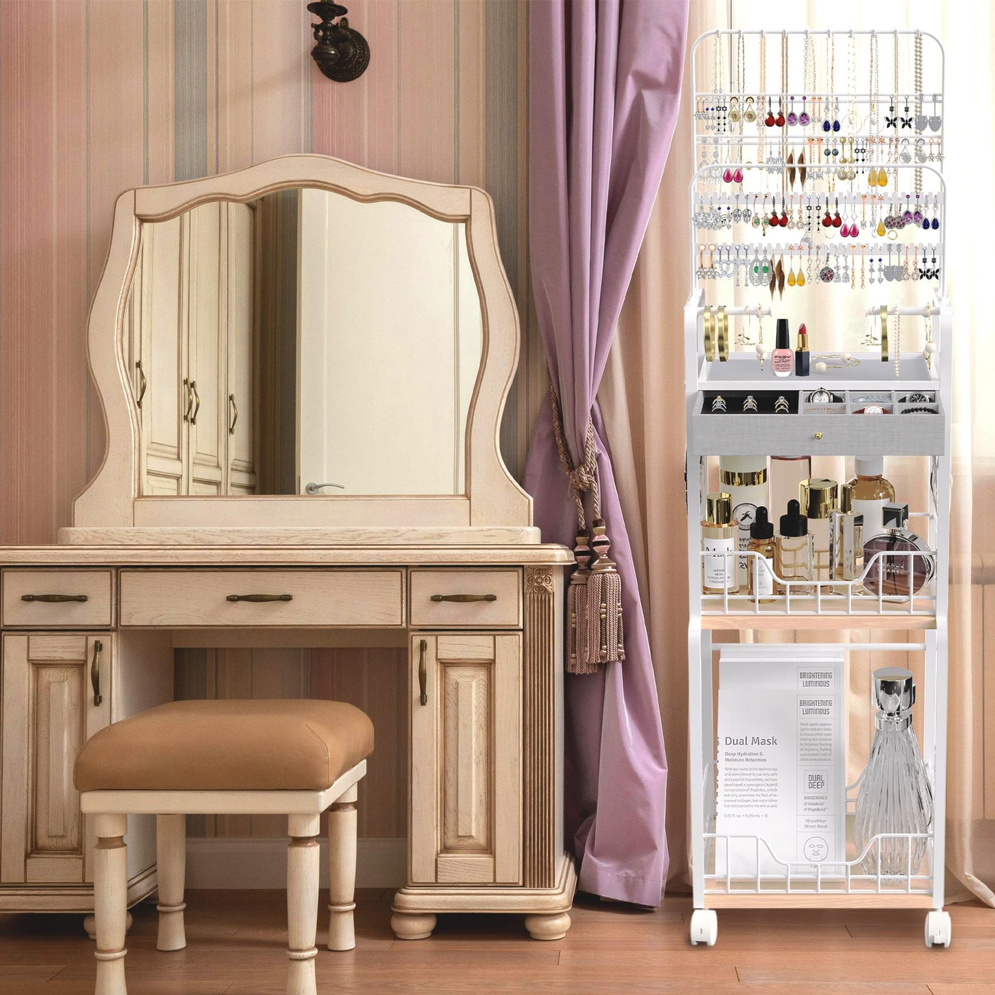 HMIEPRS Large Jewelry Organizer Stand with Box Drawer, Multifunctional Display Cases with Wheels, Armoire Jewelry Cabinet for Earring Necklace Ring Bracelet Makeup