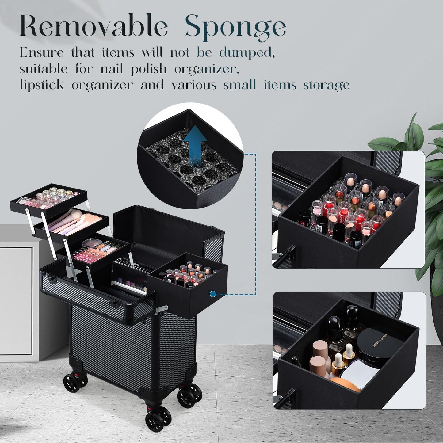 Mecucasi Rolling Makeup Case, Cosmetology Case on Wheels Professional Vanity Case with Trays for Women Large Travel Makeup Box Organizer Trolley with Key, Ashy Grey