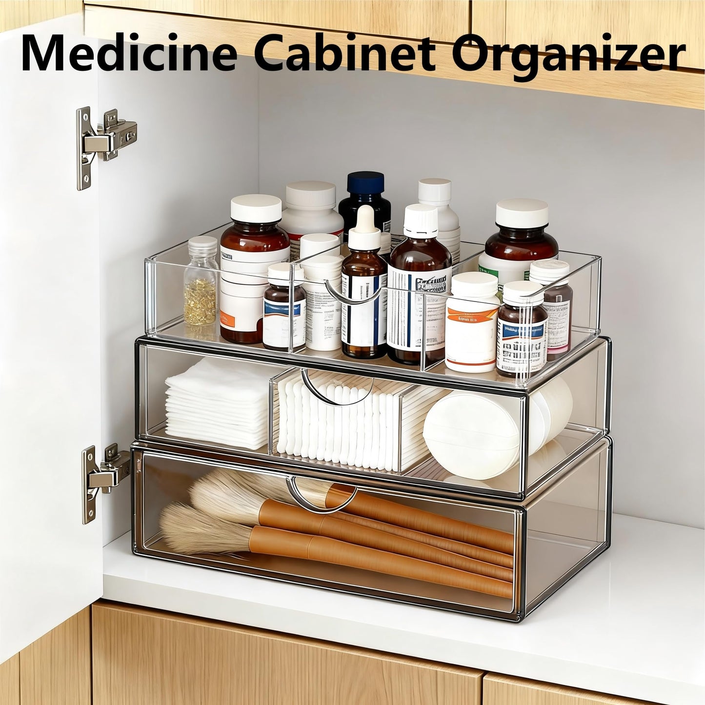 EAROND Medicine Cabinet Organizer with Removable Dividers, 3-Tier Stackable Drawer Storage for Bathroom, RV, Vanity, Countertop & Desk