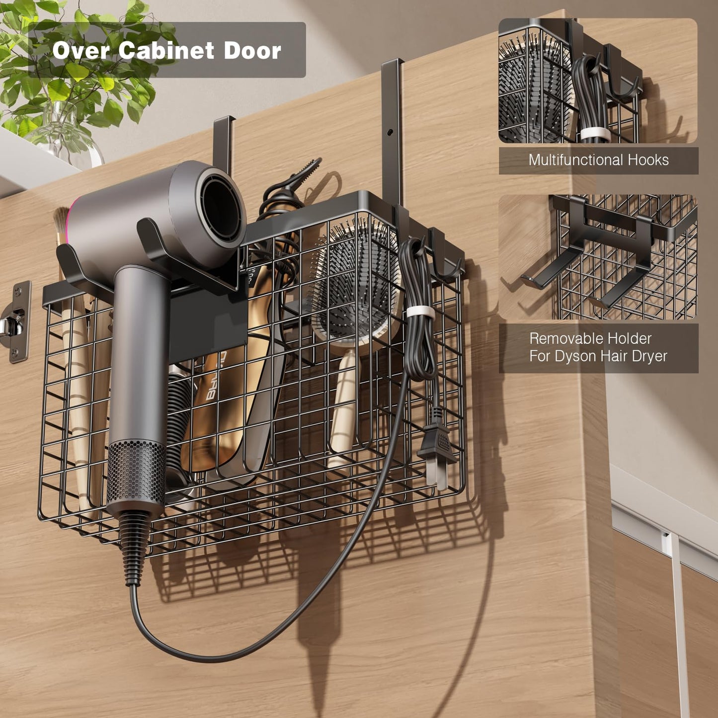 Voldra Hair Dryer Holder Cabinet Door, Adhesive Hair Tool Organizer Wall Mount Adjustable Height Blow Dryer Holder Under Sink/Countertop for Flat Curling Iron, Hair Brush and Straightener (1, Black)