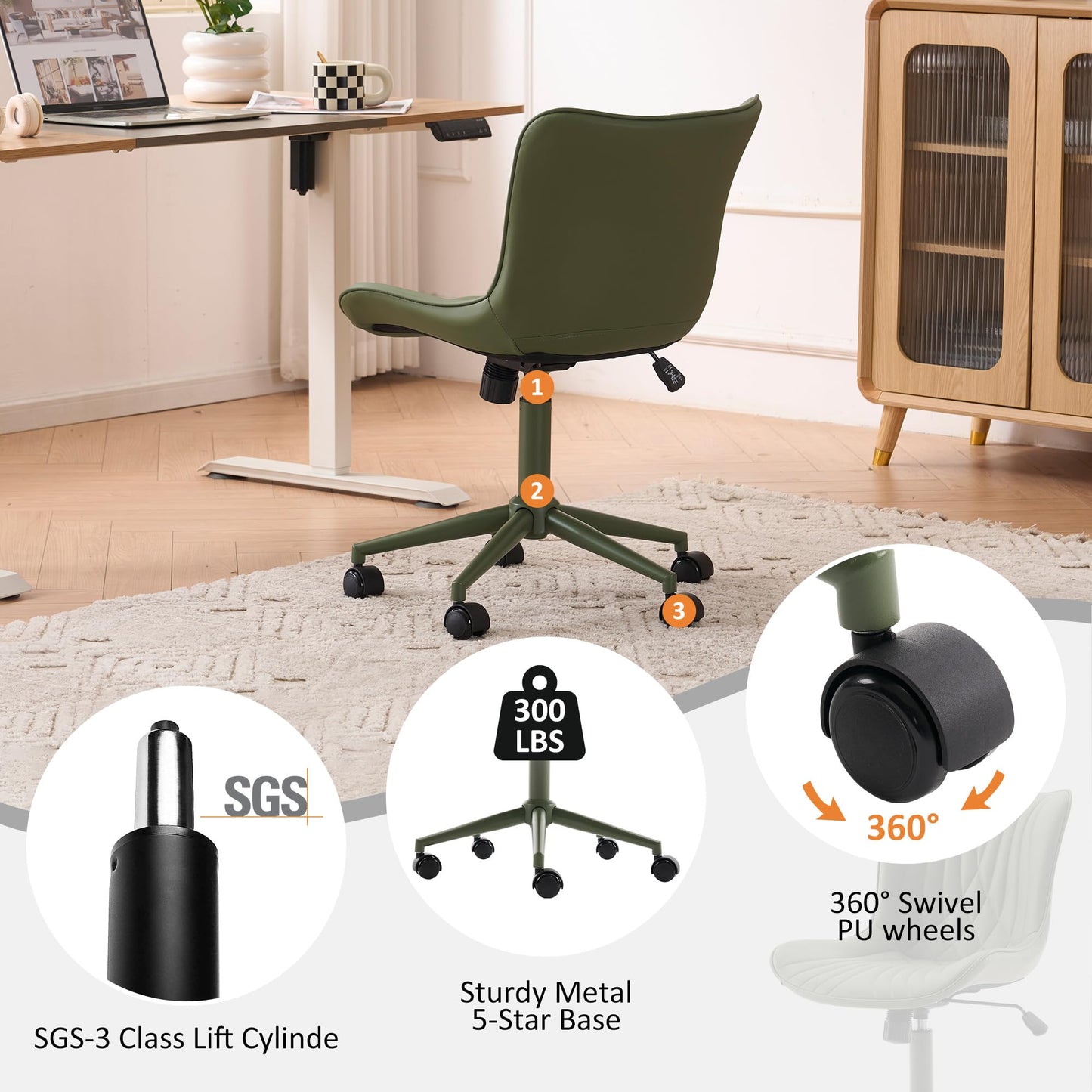 YOUTASTE Green Armless Office Chair, Modern Adjustable Swivel Desk Chair with Wheels, Upholstered PU Leather, Green Metal Legs, Back Support for Home Office, Study, Vanity, Bedroom