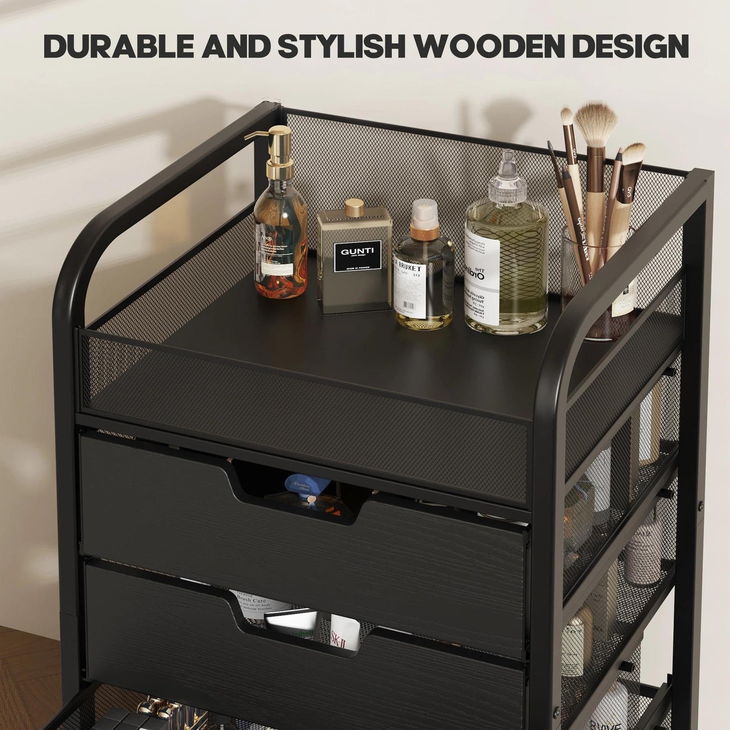 SEFILENCE Makeup Organizer Cart with 4 Drawers, Vanity Storage Drawer Carts with Dividers, Nail Cart Organizer Cosmetic Display Cases Cabinet for Skin Care, Nail Polish, Perfume, Black