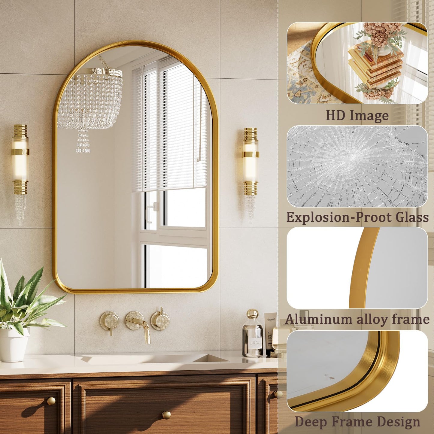 Arched Bathroom Mirror - 30x20 Inch Gold Bathroom Mirror for Wall - Aluminum Alloy Framed Mirror - Arched Top Bathroom Vanity Mirror for Living Room, Bedroom, Mantel, Entryway, and Hallways