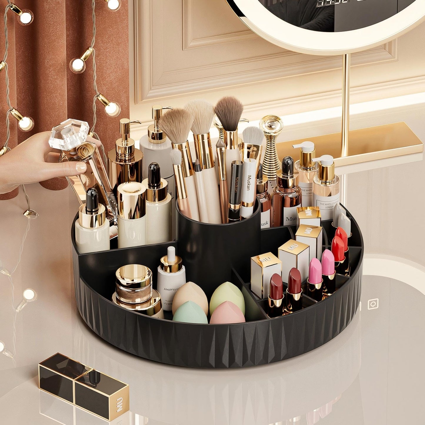 360° Rotate Makeup Organizer, Countertop Skincare Organizer, Large Capacity Multi-Compartment Makeup Brush Lipstick Skincare Organizer, Cosmetic Storage for Dresser Vanity & Bathroom (Black)