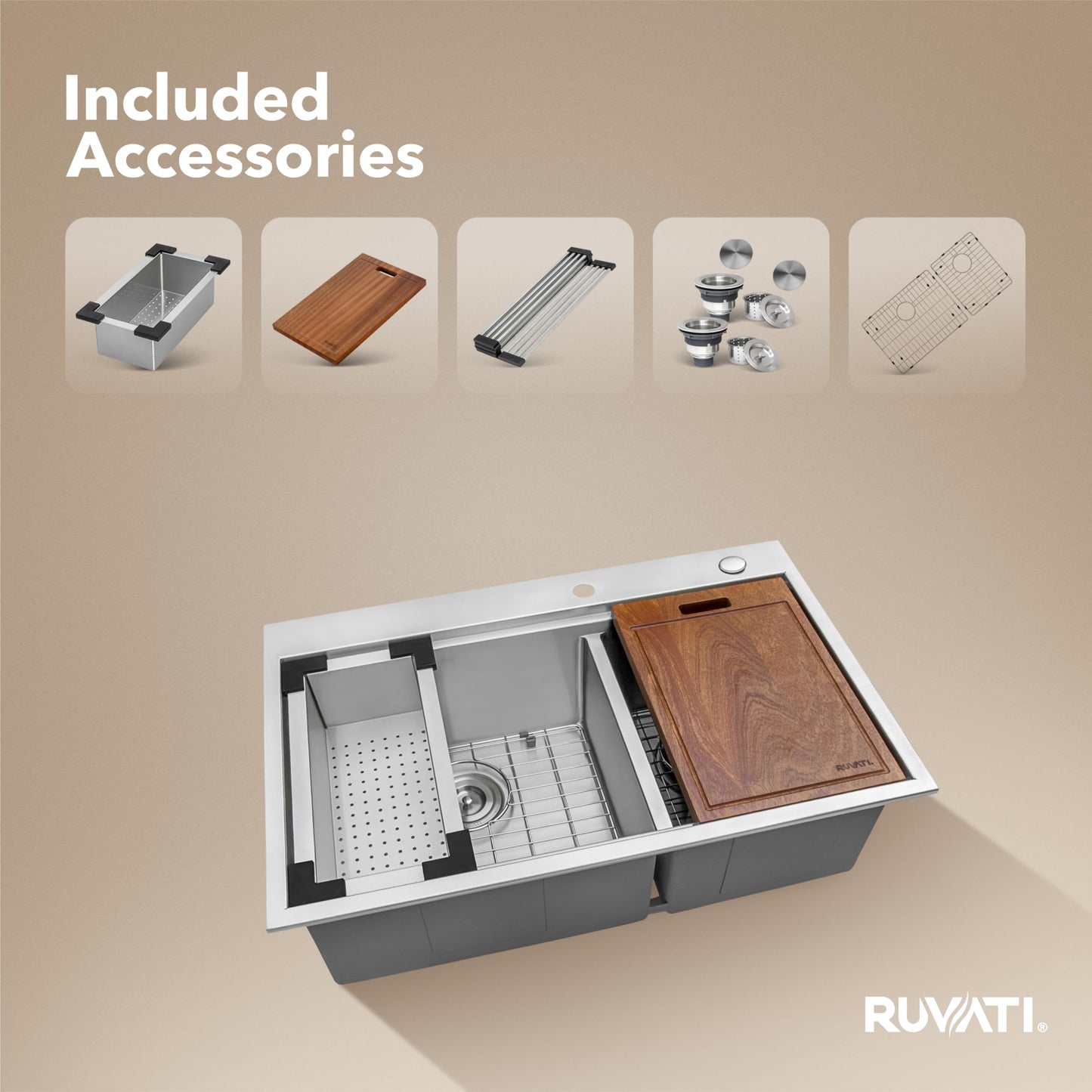 Ruvati 33 x 22 inch Workstation Drop-in 60/40 Double Bowl Topmount Tight Radius 16 Gauge Stainless Steel Ledge Kitchen Sink - RVH8035