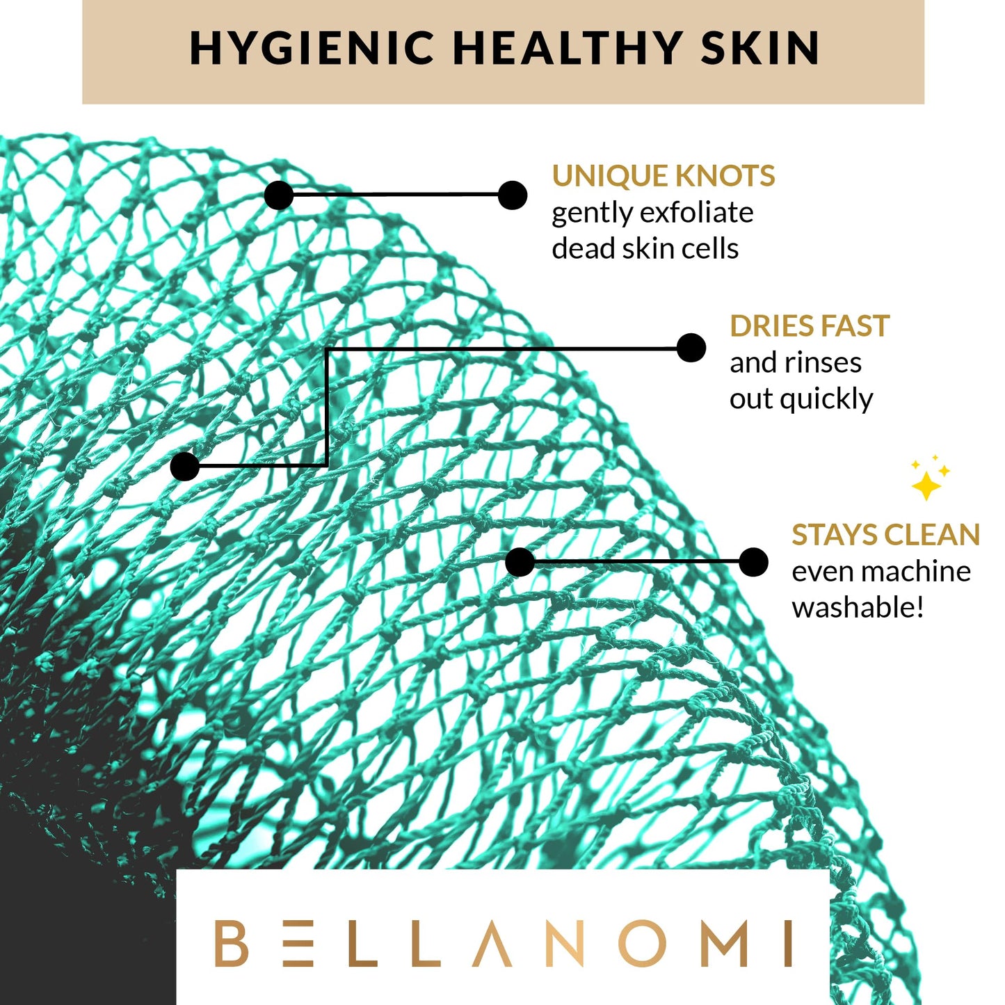 BELLANOMI 4 Piece African Exfoliating Net Sponge Long African Bath Sponge, Authentic Ethically Sourced from Nigeria, Great for Daily Use (Blue, White, Seafoam,Navy Blue)