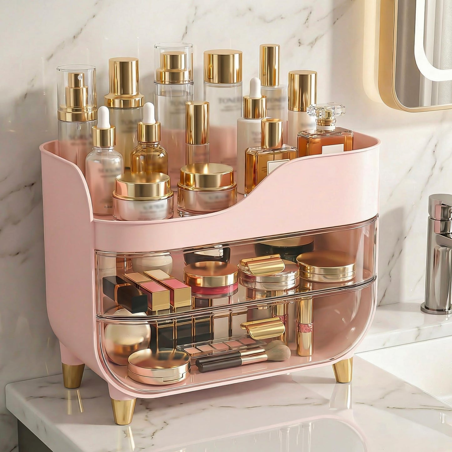Asdbko Makeup Organizer for Vanity with Large Smooth Drawers Extra Large Skincare Organizer for Bathroom Countertop and Dresser, Crystal Clear Cosmetic Storage Display Case for Beauty Products