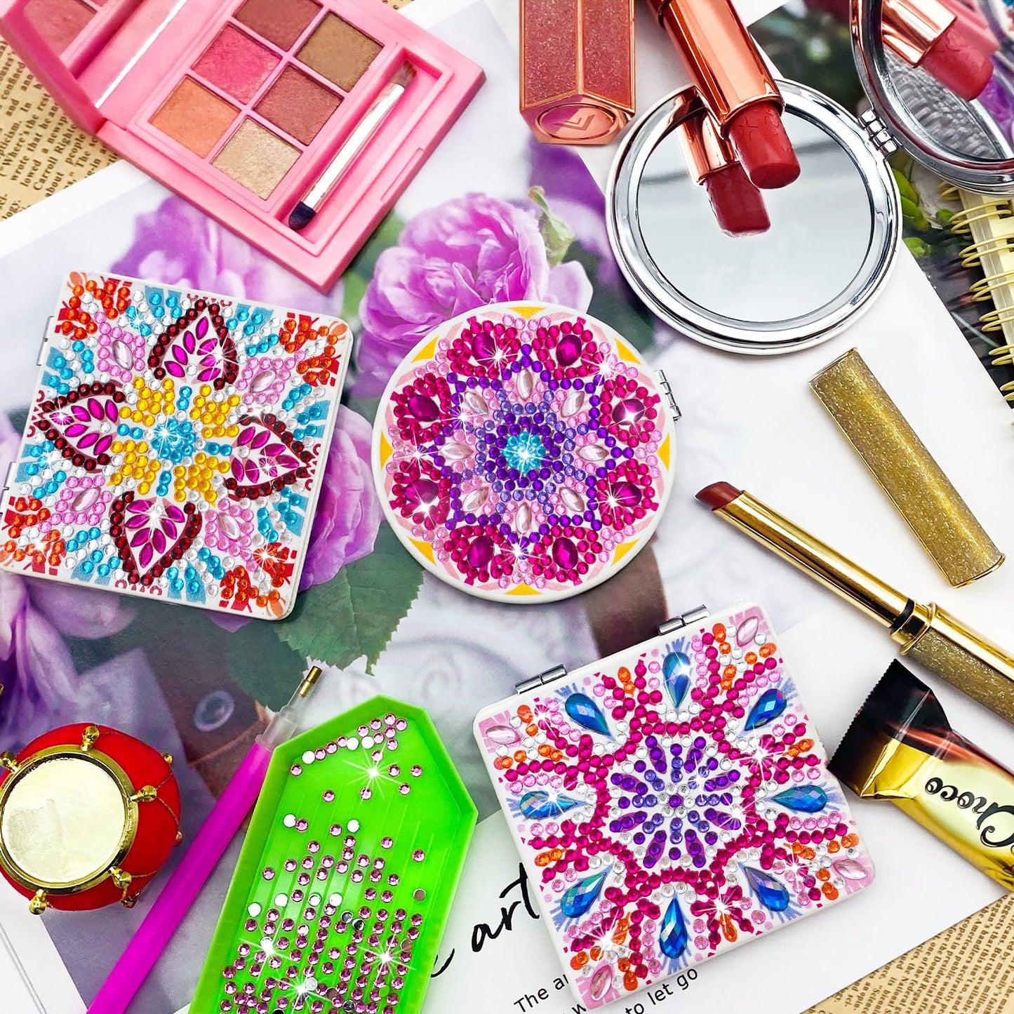 FILASLFT Diamond Painting Compact Mirror,Diamond Art Mirror,4 Pcs Makeup Mirror Pocket Cover Portable Magnifying Folding Purse Mirror,Christmas Birthday Gifts for Women Girls(Mandala)
