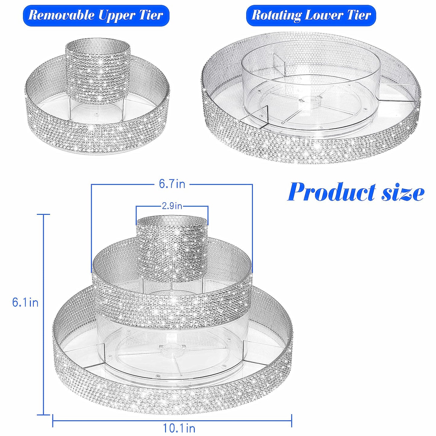 Yivaiks Bling 360 Rotating Makeup Organizer,Shiny Lazy Susan Cosmetic Storage Turntable for Skincare,Perfume & Lipstick,Glitter Round Spinning Tray with Brush Holder for Vanity,Bathroom (10"L x 10"W)