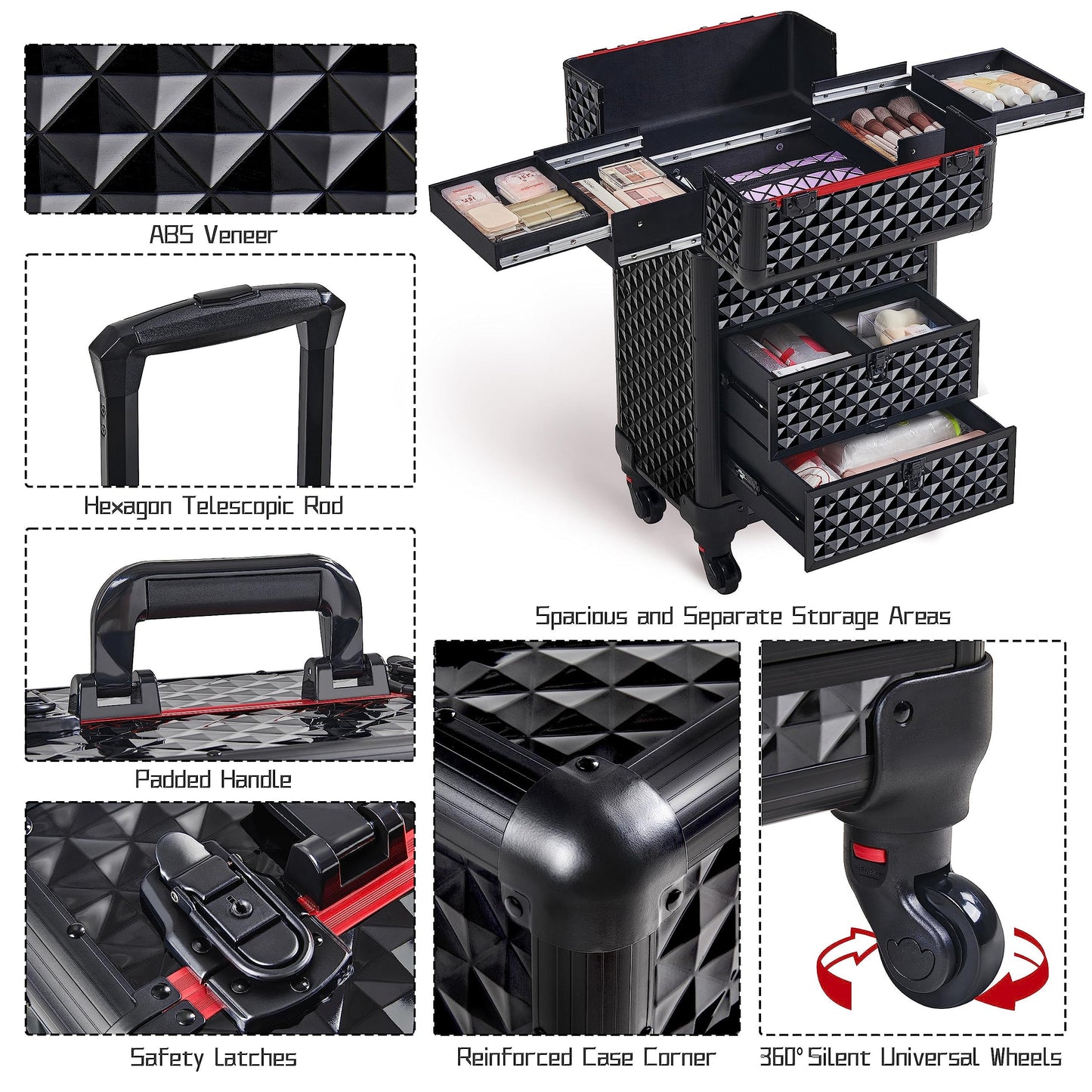 Yaheetech Rolling Makeup Train Case with Drawers Professional Nail Tech Travel Case Cosmetics Storage Organizer Beauty/Nail Art/Hair Styling Travelling Cart Trunk Black